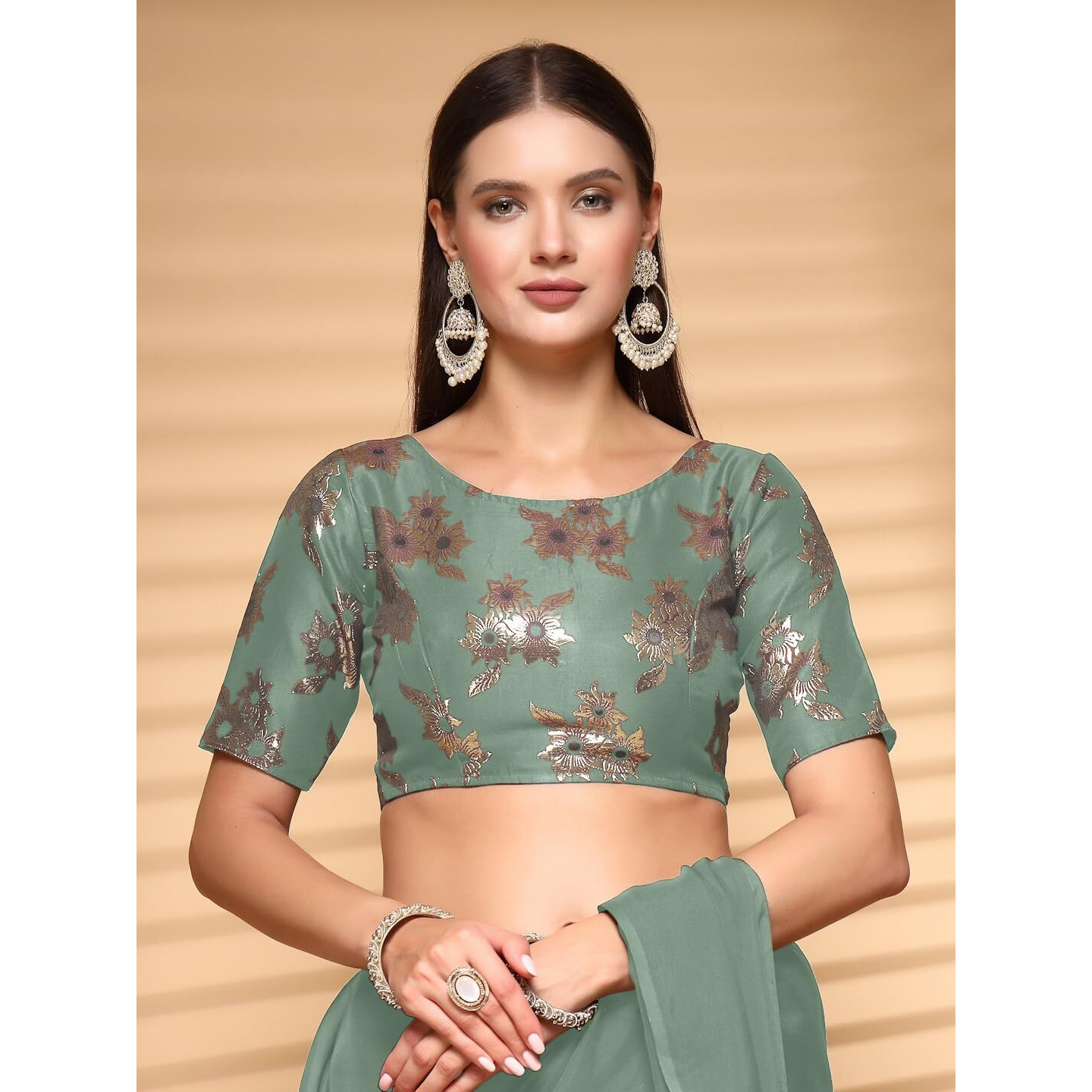 Oomph Women's Indian Ethnic Wear Designer Floral Pattern Zari Work Boat Neck Half Sleeve Pista Green Color Brocade Readymade Blouse For Saree Or Lehnga And Fusion Twist. S