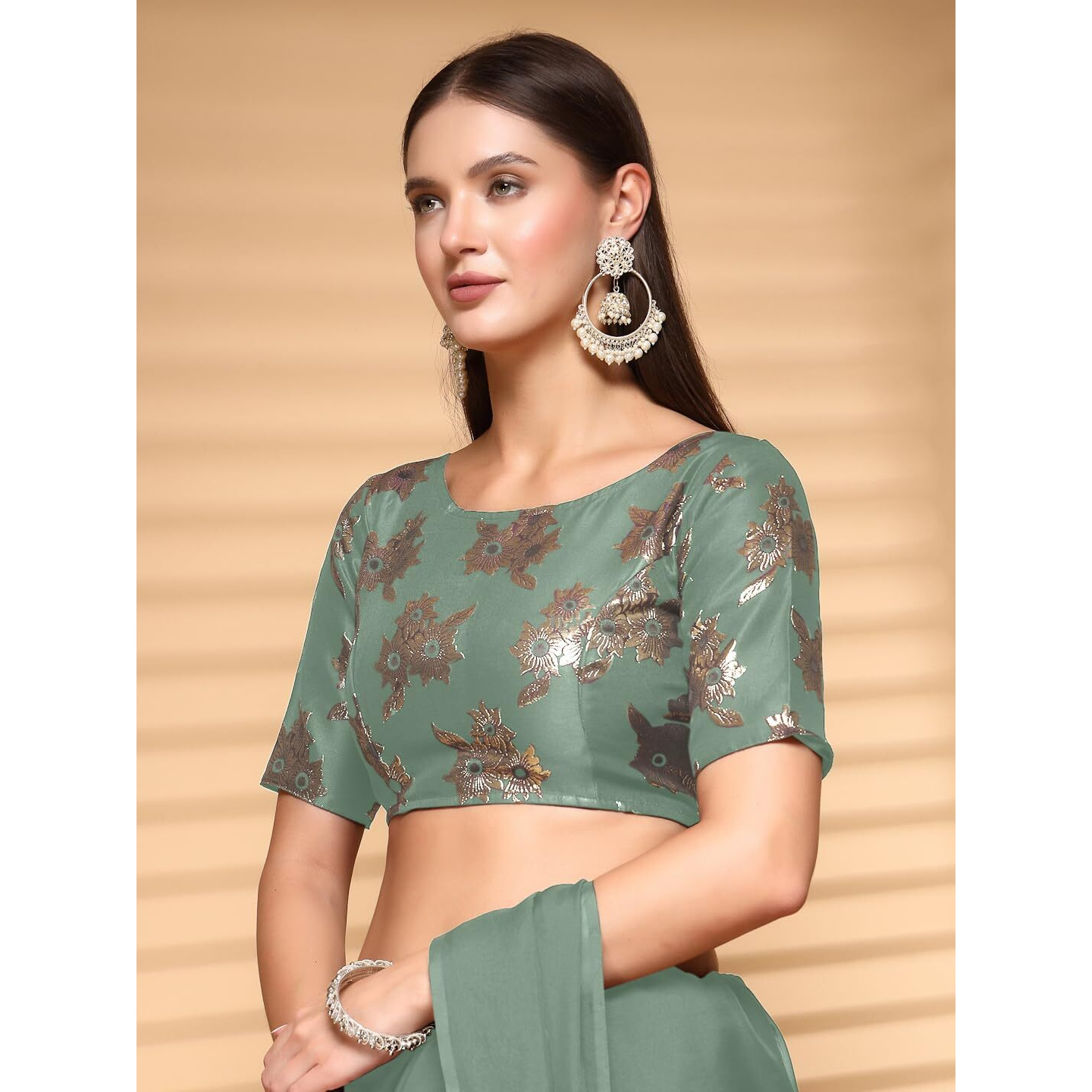Oomph Women's Indian Ethnic Wear Designer Floral Pattern Zari Work Boat Neck Half Sleeve Pista Green Color Brocade Readymade Blouse For Saree Or Lehnga And Fusion Twist. S