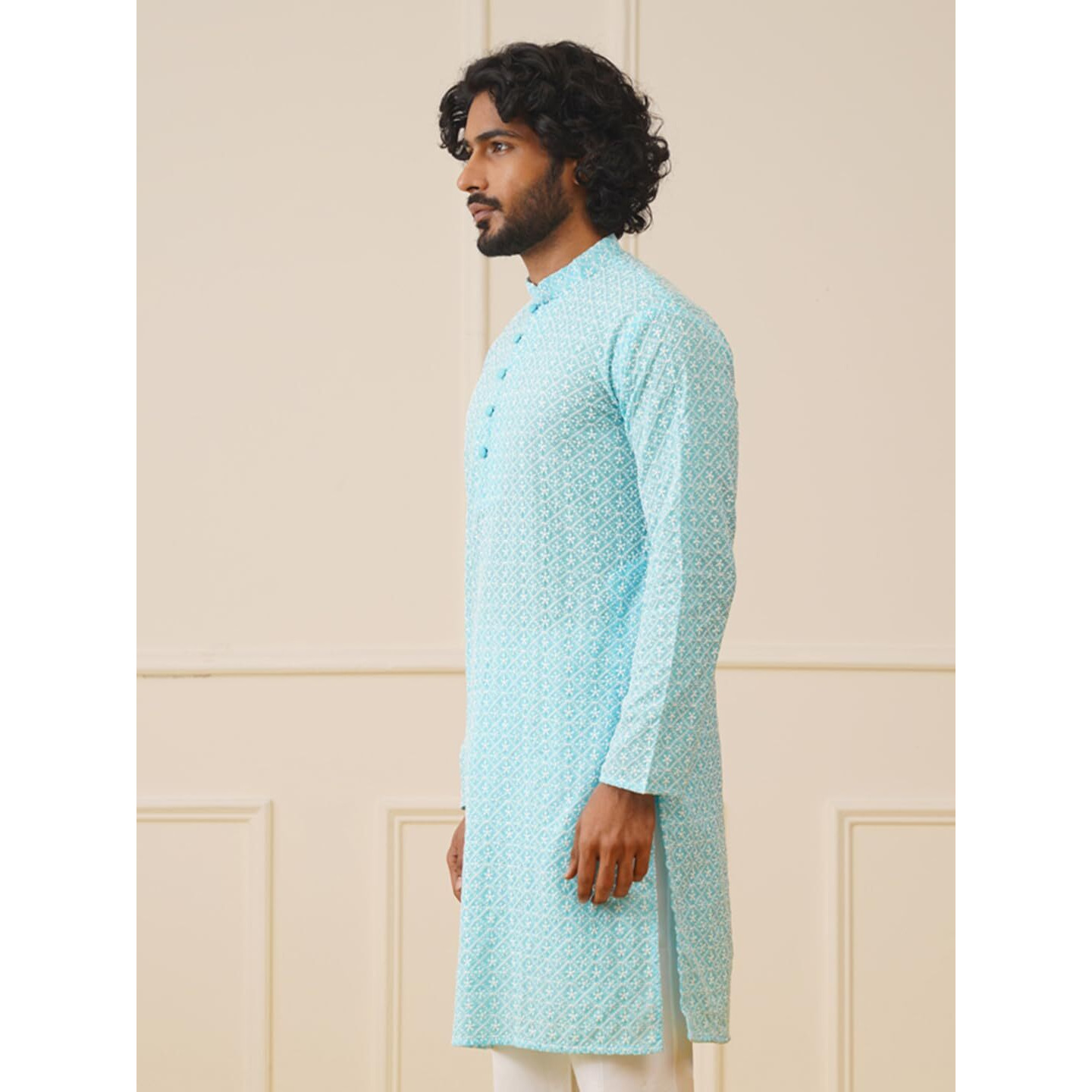 Jompers Men Sky Chikankari Embroidered Kurtas (Sky, Xxl)