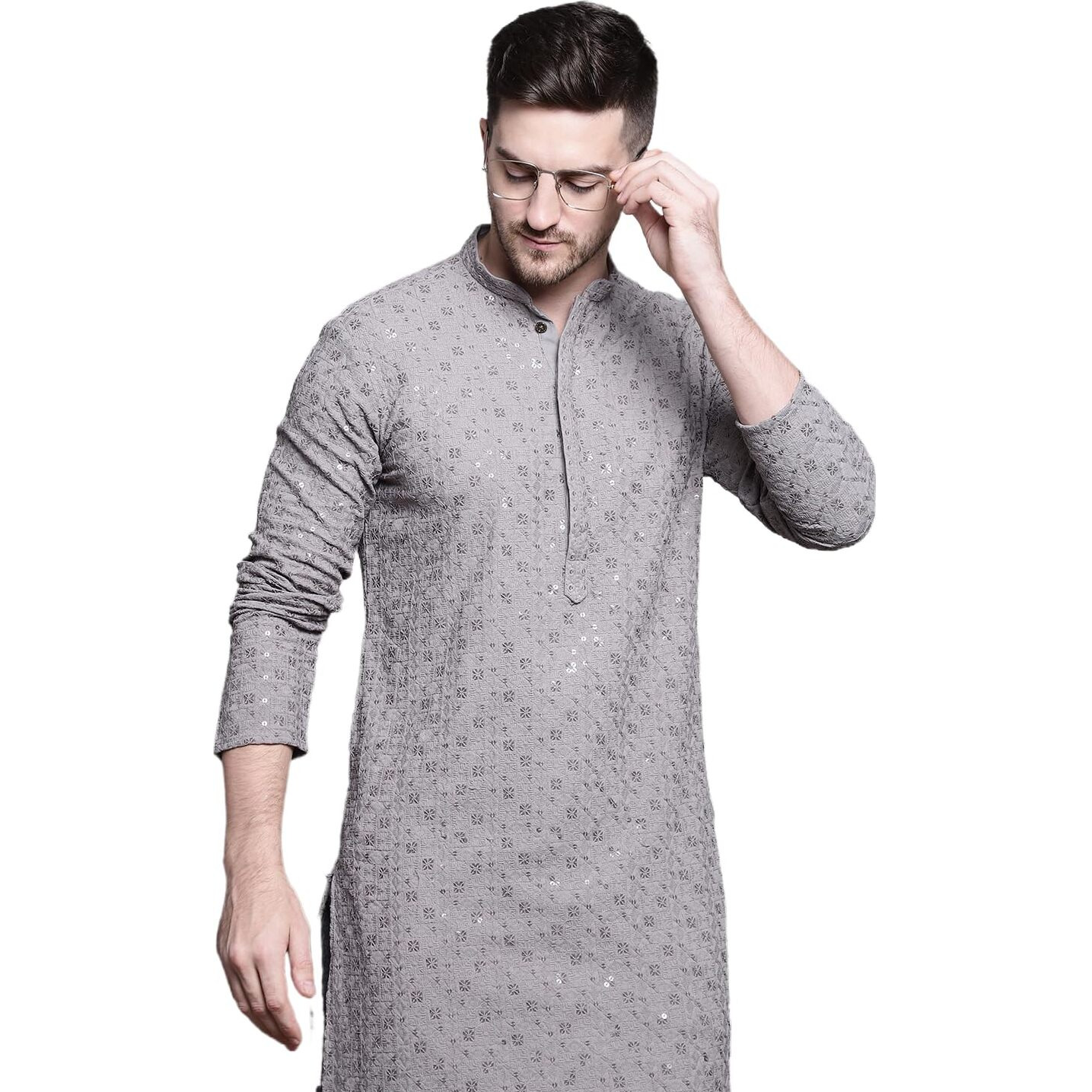 Jompers Men's Sequin Embroidered Pure Cotton Kurtas (Grey, S)