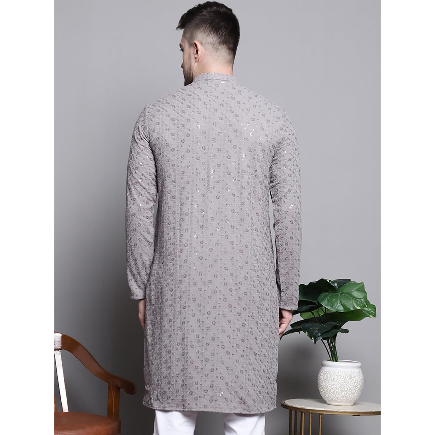 Jompers Men's Sequin Embroidered Pure Cotton Kurtas (Grey, S)
