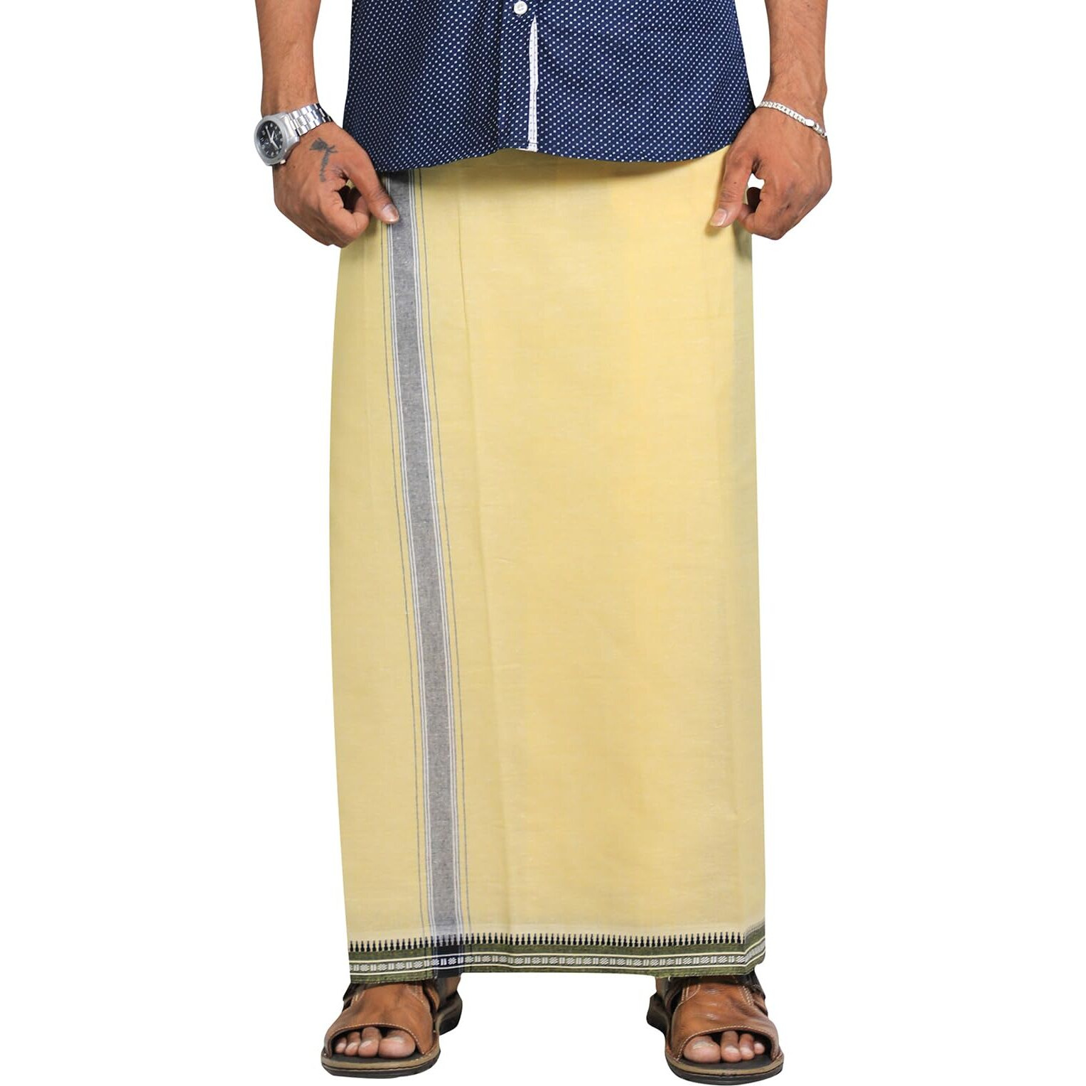 Prakasam Cotton Mens Cotton Kerala Thalapathi Border Welcro Pocket Dhoti (Size -L Size Dhoti) / Yellow Colour Thalapathi Adjustable Pocket Dhoties For Mens