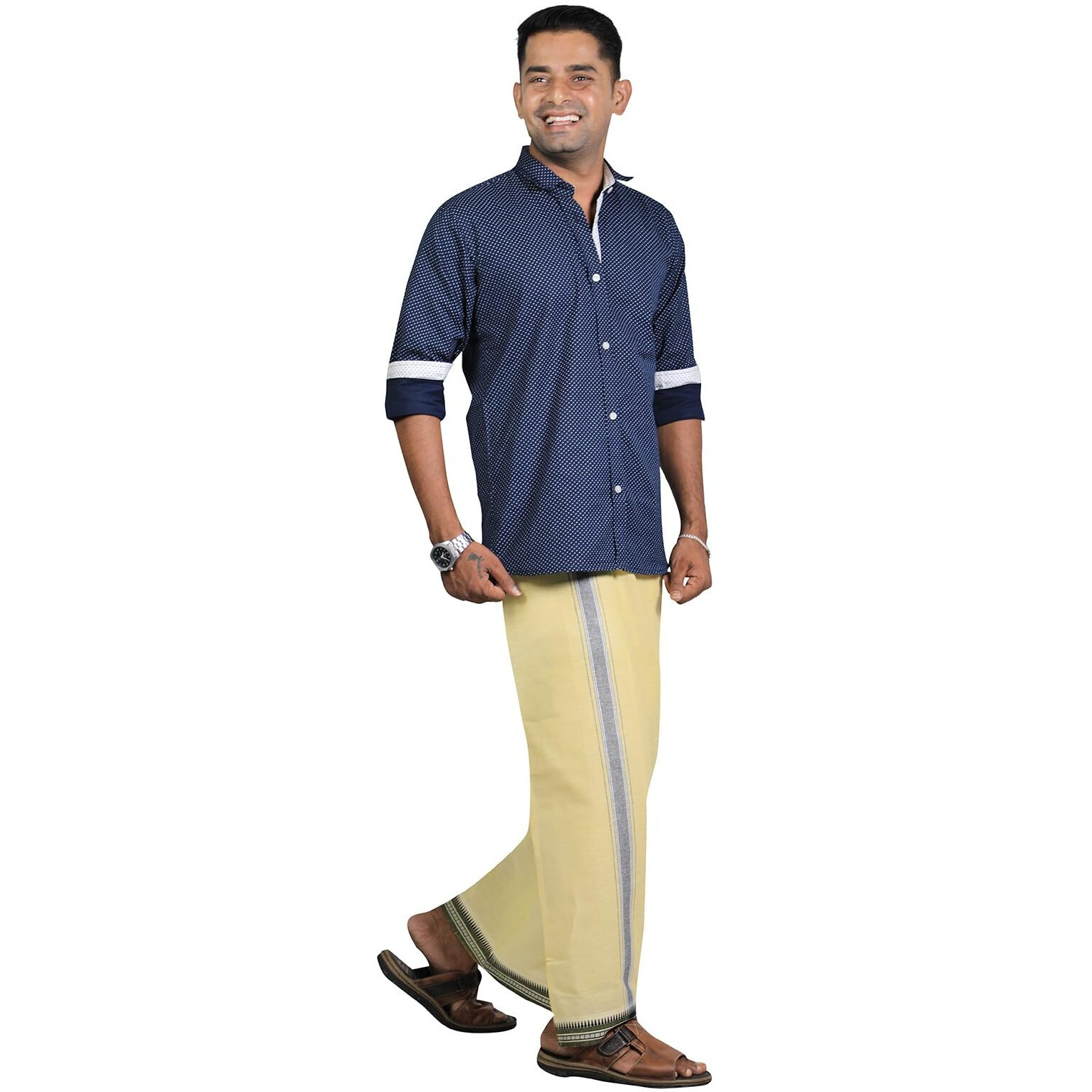 Prakasam Cotton Mens Cotton Kerala Thalapathi Border Welcro Pocket Dhoti (Size -L Size Dhoti) / Yellow Colour Thalapathi Adjustable Pocket Dhoties For Mens
