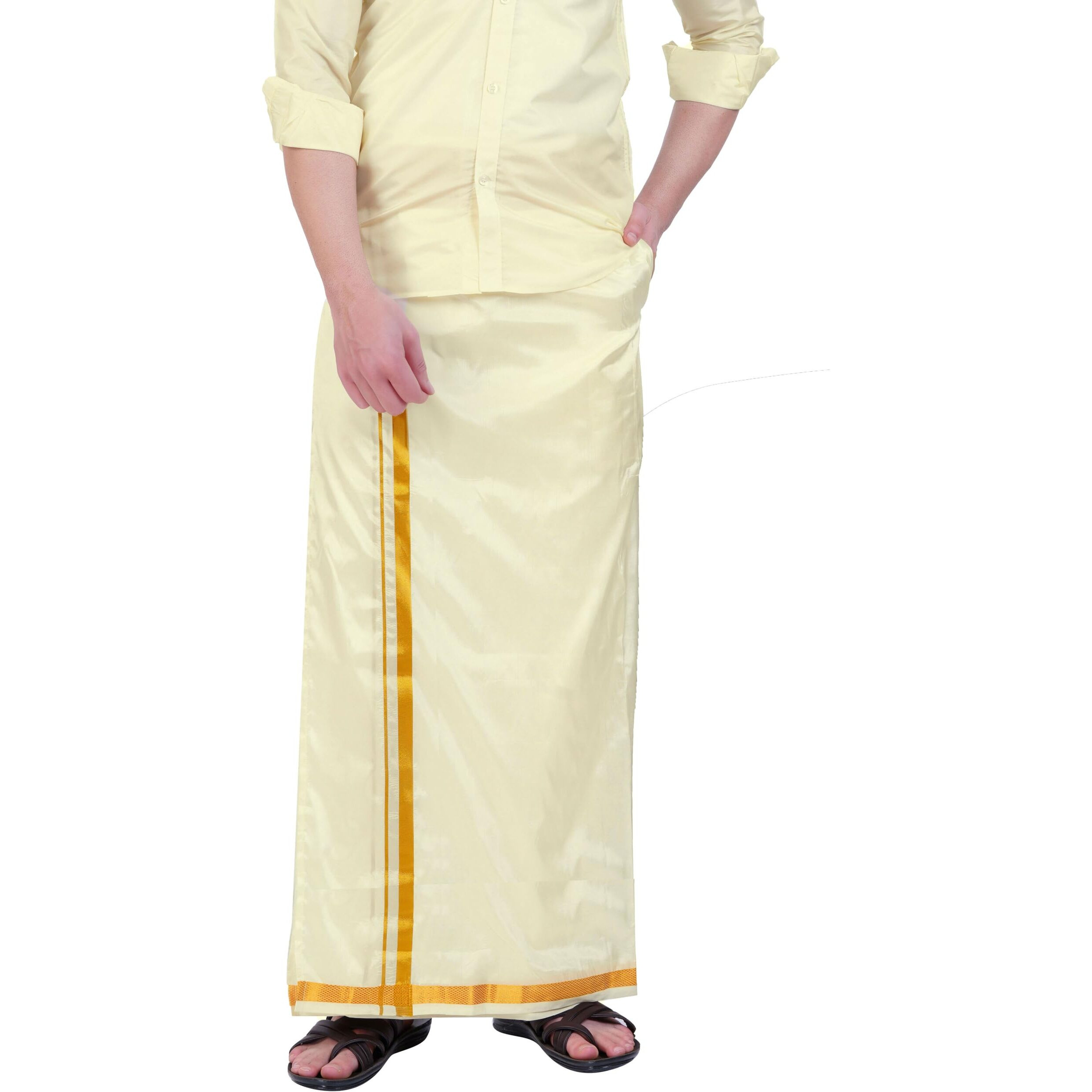 Prakasam Cotton Asha (Silk Look) Wedding Welcro Stitched Pocket Cream Dhoti For Mens (Border-3/4 Inch)- Size -M