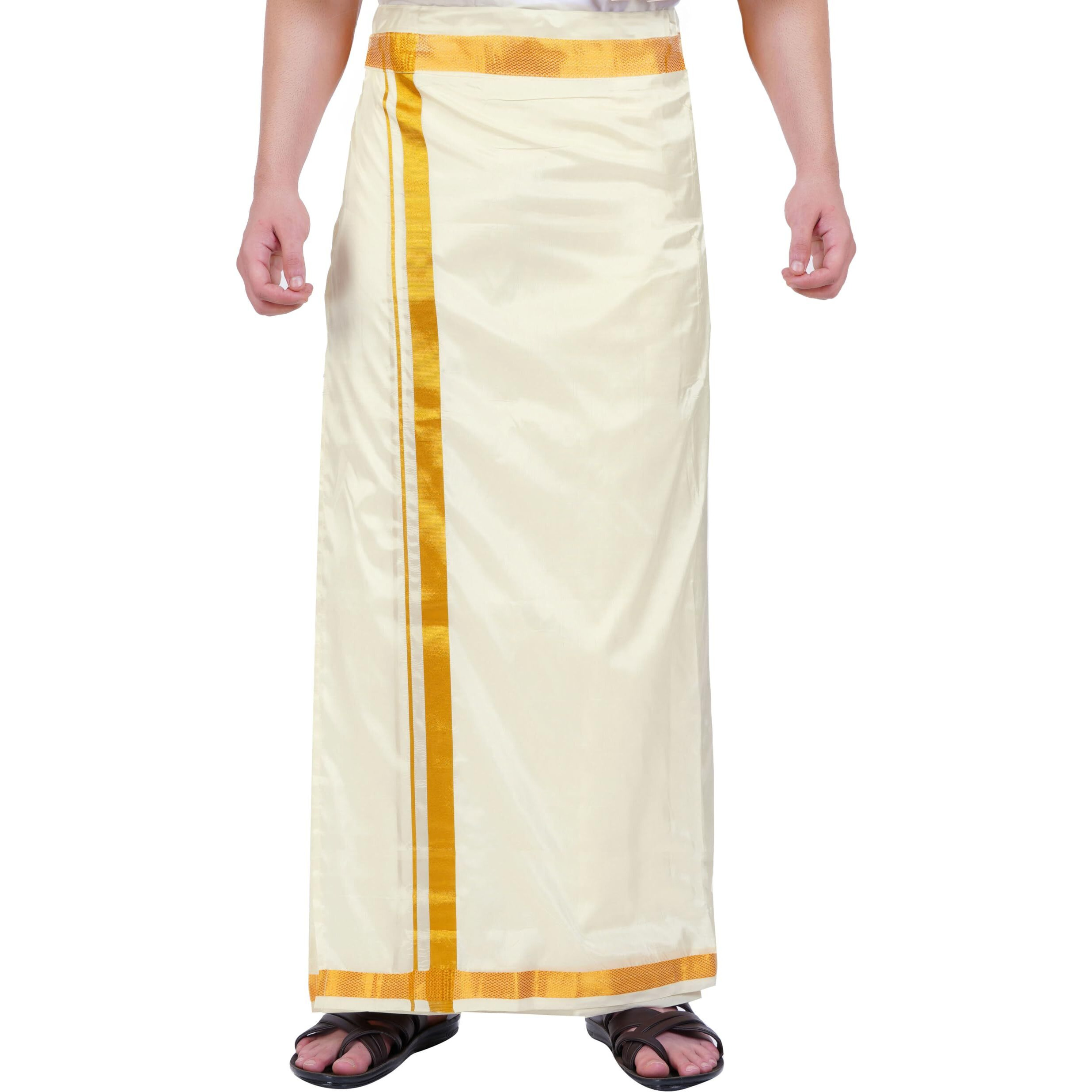 Prakasam Cotton Asha (Silk Look) Wedding Welcro Stitched Pocket Cream Dhoti For Mens (Border-3/4 Inch)- Size -M