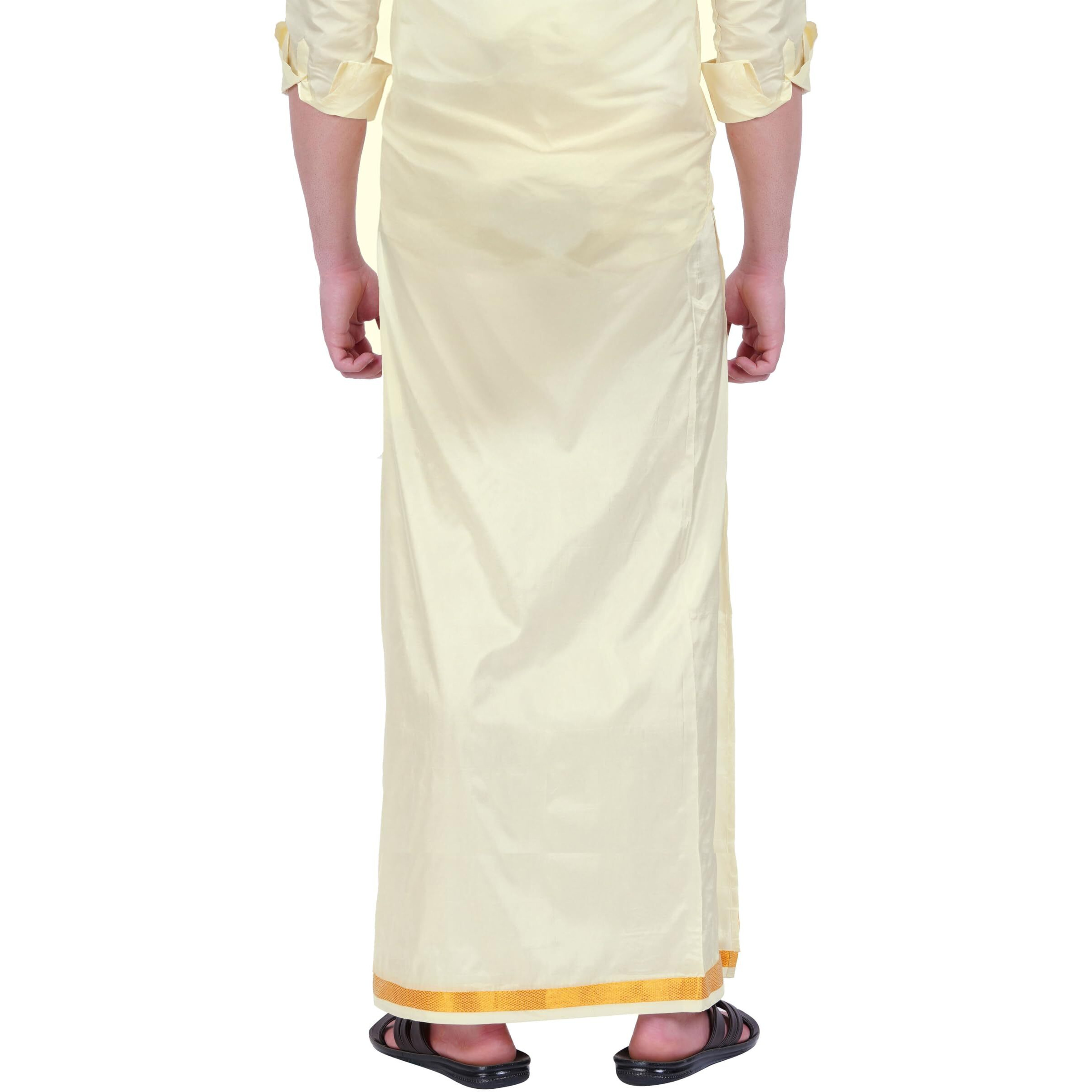 Prakasam Cotton Asha (Silk Look) Wedding Welcro Stitched Pocket Cream Dhoti For Mens (Border-3/4 Inch)- Size -M
