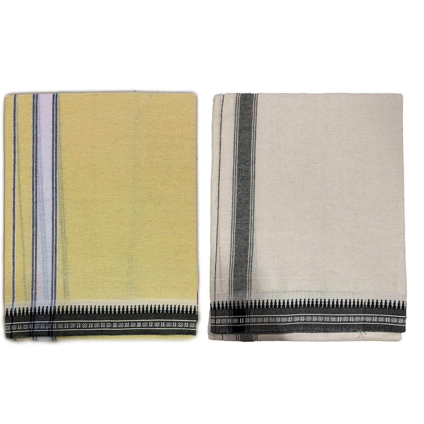 Prakasam Cotton Mens Colour Thalapathi Border Single Dhoti/Size1.28X2.00 Mtrs/Combo Pack Of 2 Dhoties Yellow- Off White