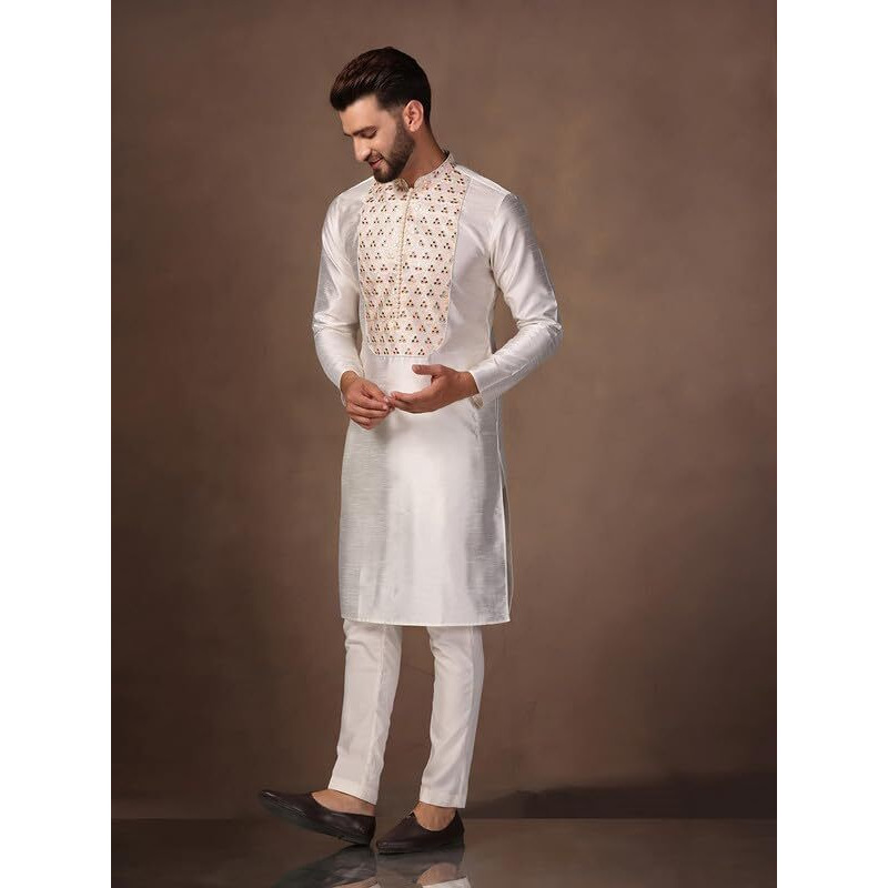 Kisah Men's Kurta Trouser Set, Multi Silk Blend, Embellished Regular Fit Mandarin Collar Long Sleeves (M) Multicolour