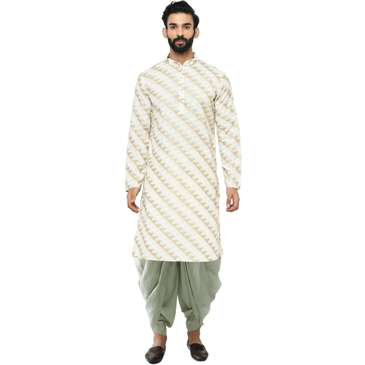 Kisah Men's Kurta, Cream Cotton Blend, Printed Regular Fit Mandarin Collar Long Sleeves (M)