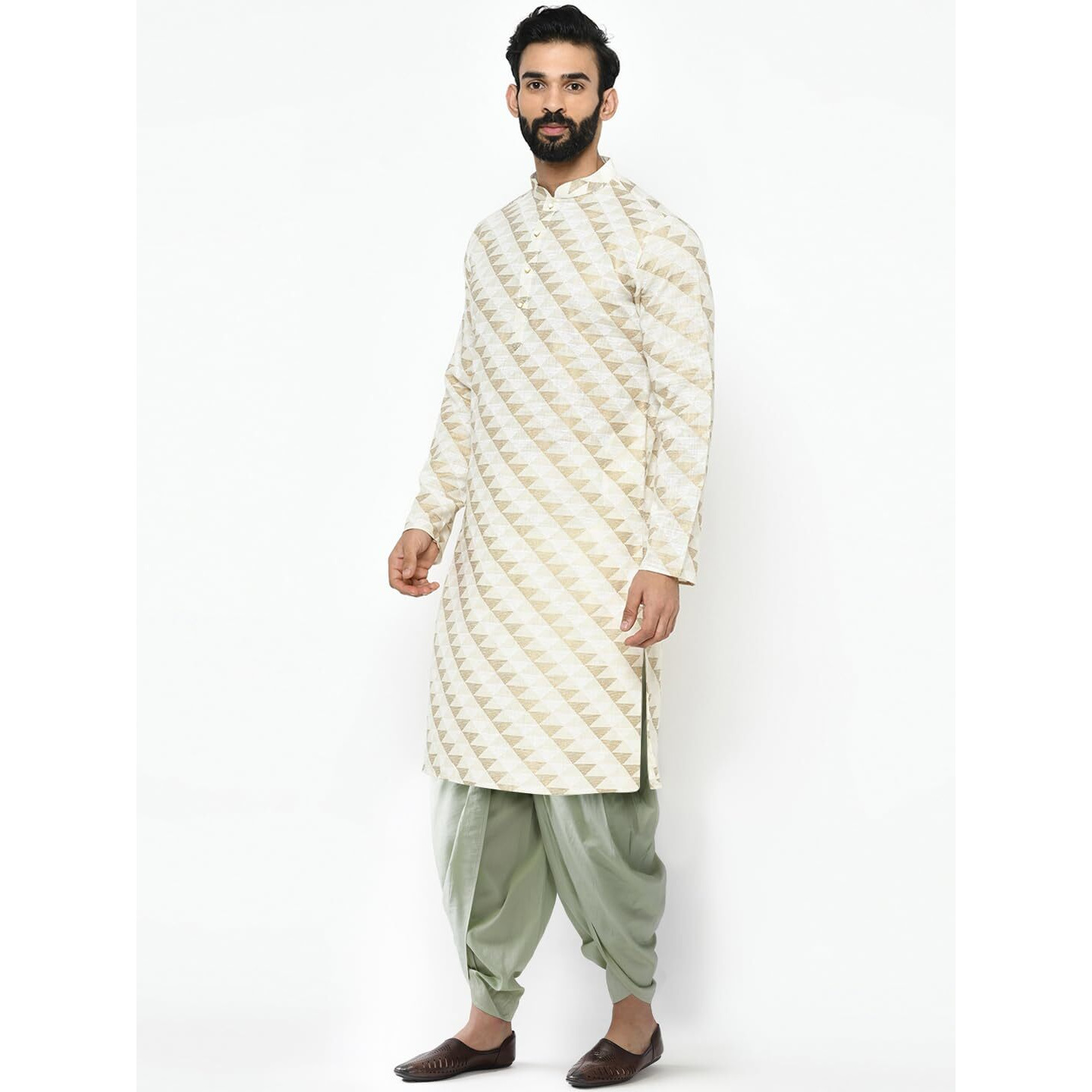 Kisah Men's Kurta, Cream Cotton Blend, Printed Regular Fit Mandarin Collar Long Sleeves (M)