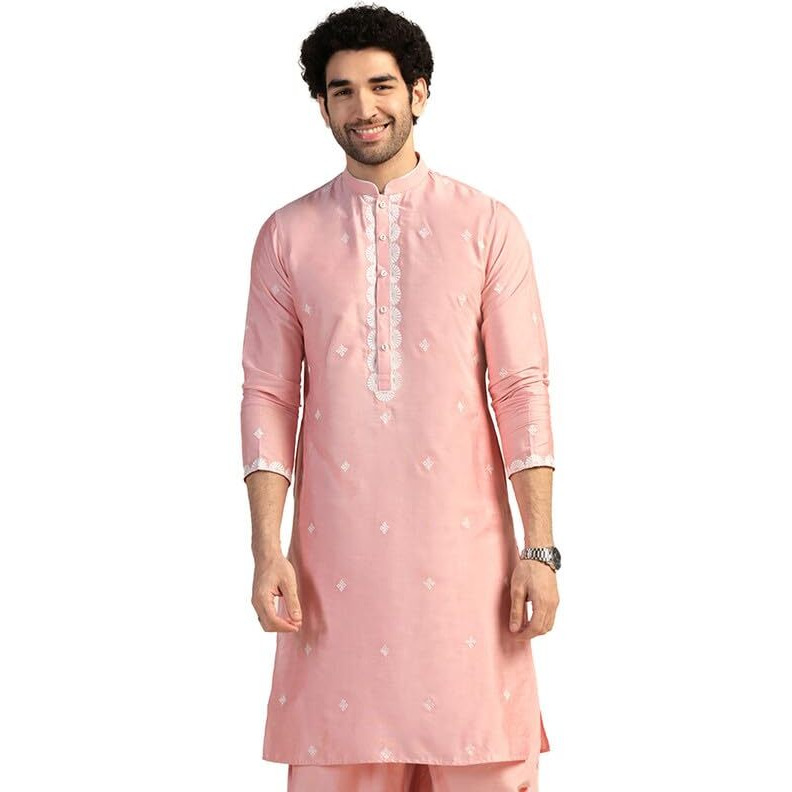 Kisah Men's Kurta, Pink Cotton Blend, Embroidered Regular Fit Mandarin Collar Long Sleeves (42)
