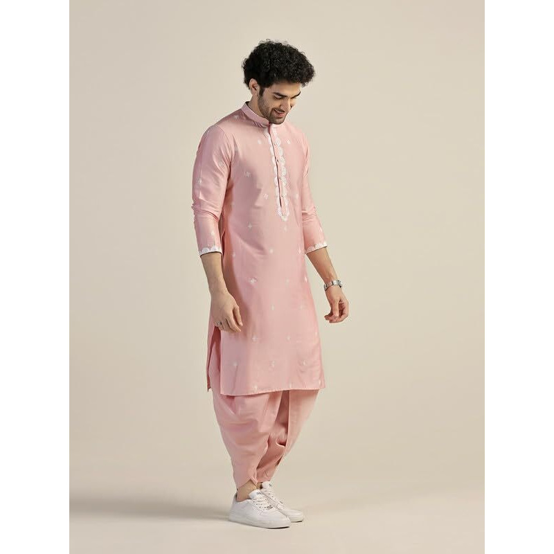 Kisah Men's Kurta, Pink Cotton Blend, Embroidered Regular Fit Mandarin Collar Long Sleeves (42)