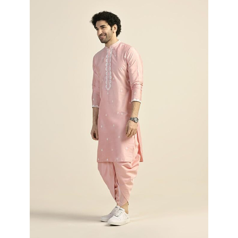 Kisah Men's Kurta, Pink Cotton Blend, Embroidered Regular Fit Mandarin Collar Long Sleeves (42)