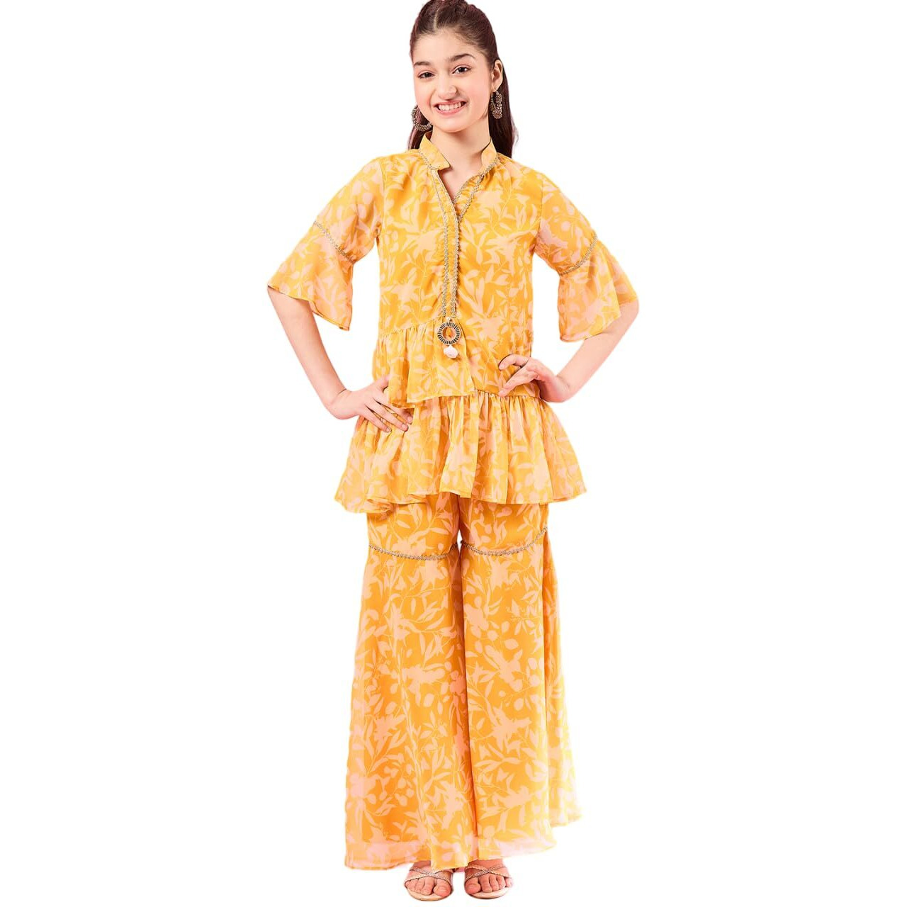 Pspeaches Girl's Georgette Regular 1 Kurta, 1 Palazzo, 1 Belt (Iw-Yellowwhite-14-15Y_Yellow