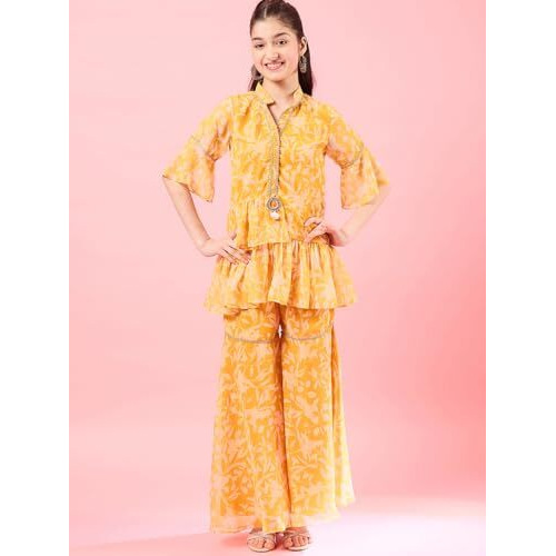 Pspeaches Girl's Georgette Regular 1 Kurta, 1 Palazzo, 1 Belt (Iw-Yellowwhite-14-15Y_Yellow
