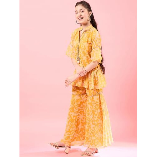 Pspeaches Girl's Georgette Regular 1 Kurta, 1 Palazzo, 1 Belt (Iw-Yellowwhite-14-15Y_Yellow