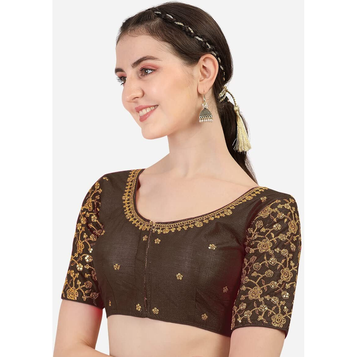 Pujia Mills Women's Silk Embroidery Half Sleeve Readymade Blouse (Flowerr Blouse_Brown_36)