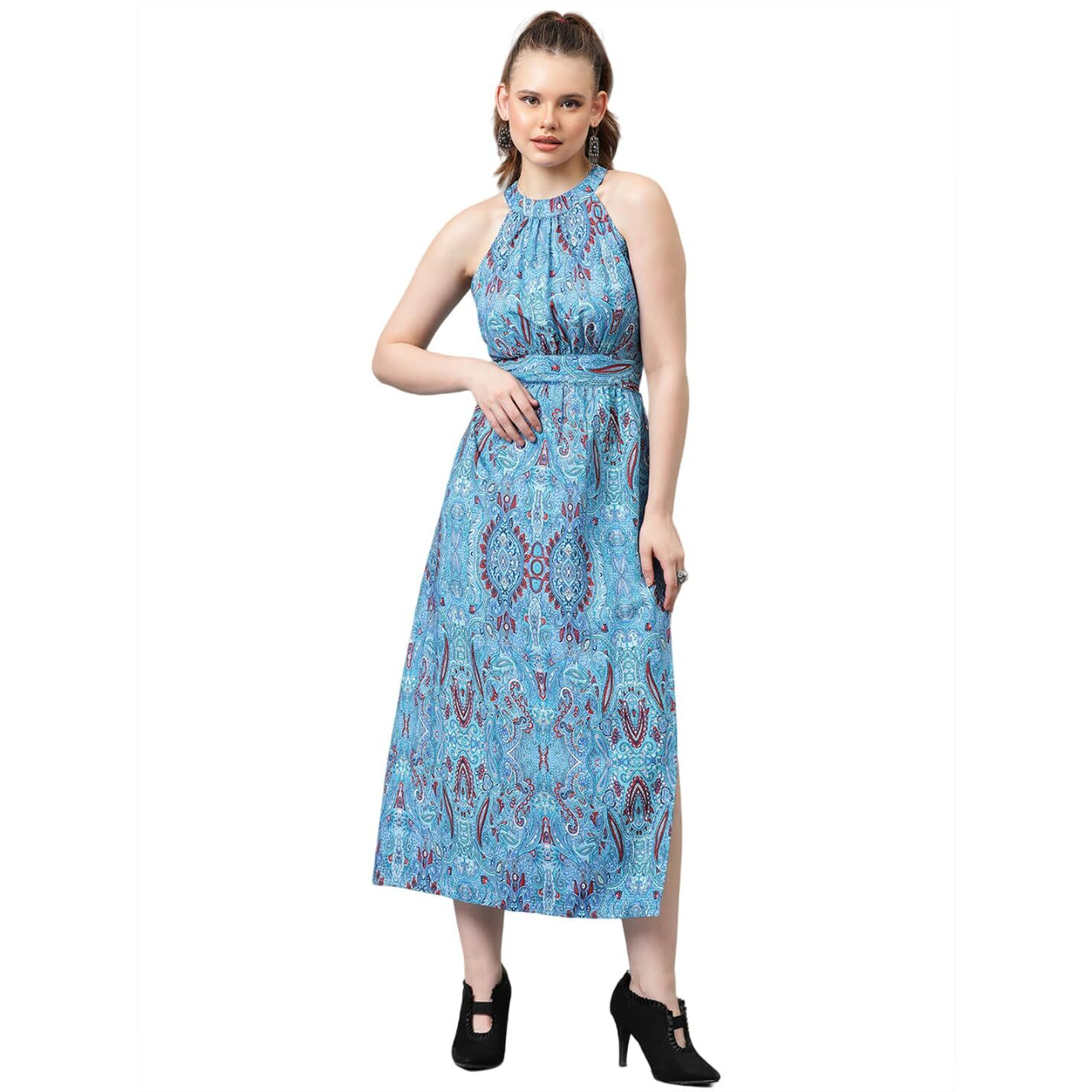 Kotty Women's Fit And Flare Light Blue, White, Red Dress(Multicoloured,M)