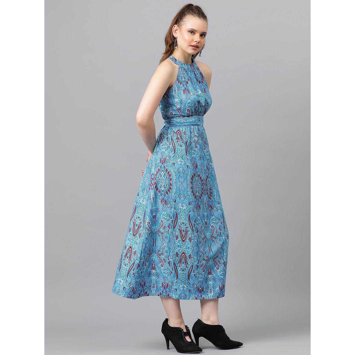Kotty Women's Fit And Flare Light Blue, White, Red Dress(Multicoloured,M)