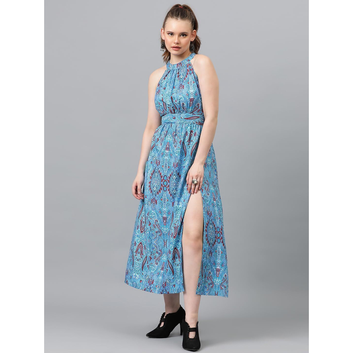 Kotty Women's Fit And Flare Light Blue, White, Red Dress(Multicoloured,M)