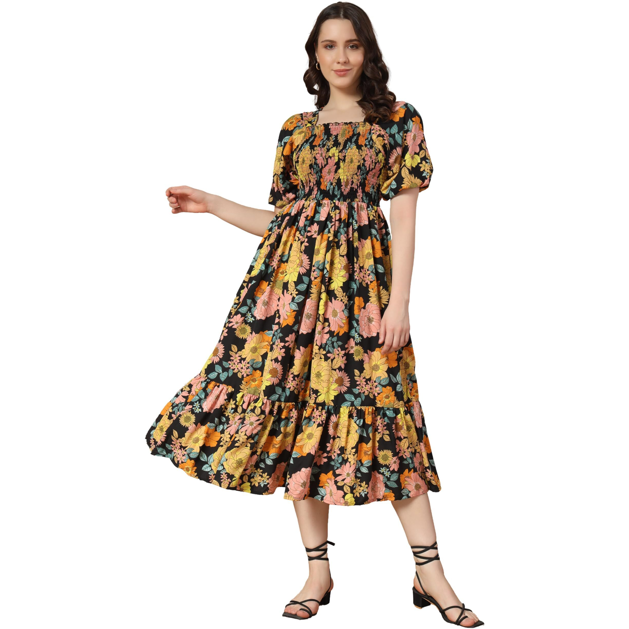 Kzully Women's Crepe A-Line Midi Dress (1001-Yellow-Peach-Flower-S_Yellow