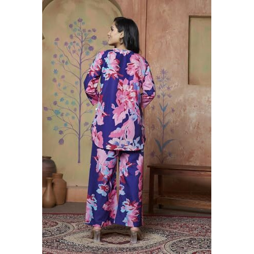 Leriya Fashion Women Ethnic Kurta Set | Rayon Co-Ord Set | Fancy Pajama Set | Pack Of 2 | Floral Printed Top & Pant Set | Full Pair Set | A-Line Kurta Set (Xx-Large, Navy Blue) Lf-K-W1853&Tr910