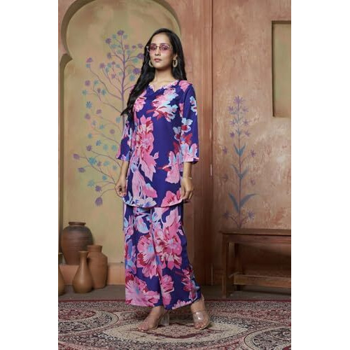 Leriya Fashion Women Ethnic Kurta Set | Rayon Co-Ord Set | Fancy Pajama Set | Pack Of 2 | Floral Printed Top & Pant Set | Full Pair Set | A-Line Kurta Set (Xx-Large, Navy Blue) Lf-K-W1853&Tr910