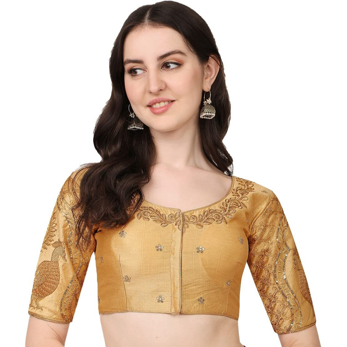 Pujia Mills Women's Phantom Silk Peacock Half Sleeve Saree Blouse (Mor Blouse Variation_Gold_38 Size+Margin)