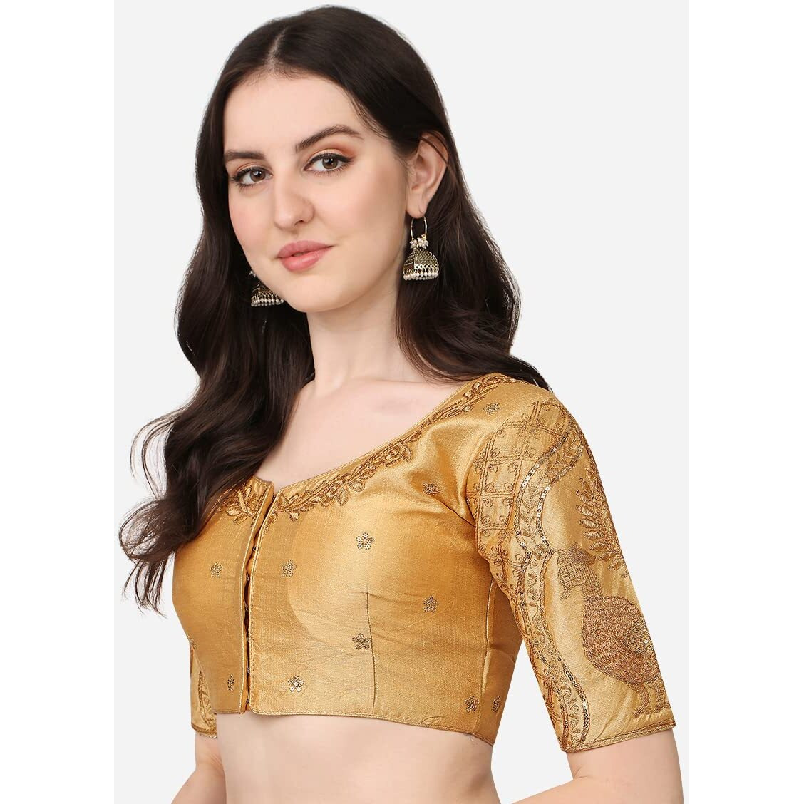 Pujia Mills Women's Phantom Silk Peacock Half Sleeve Saree Blouse (Mor Blouse Variation_Gold_38 Size+Margin)