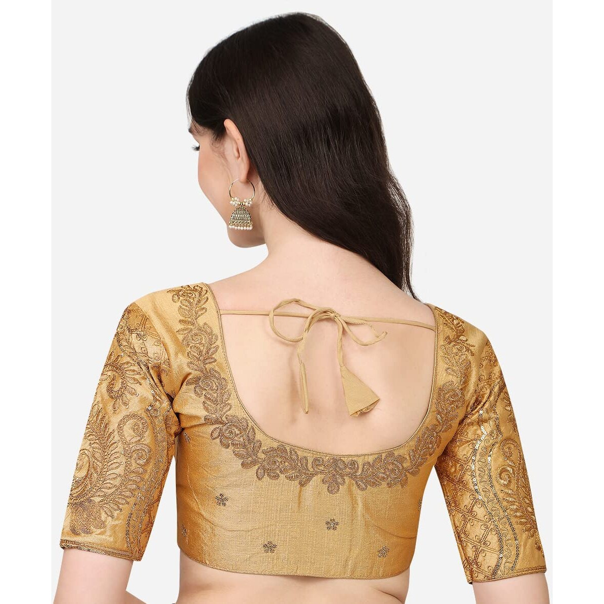 Pujia Mills Women's Phantom Silk Peacock Half Sleeve Saree Blouse (Mor Blouse Variation_Gold_38 Size+Margin)