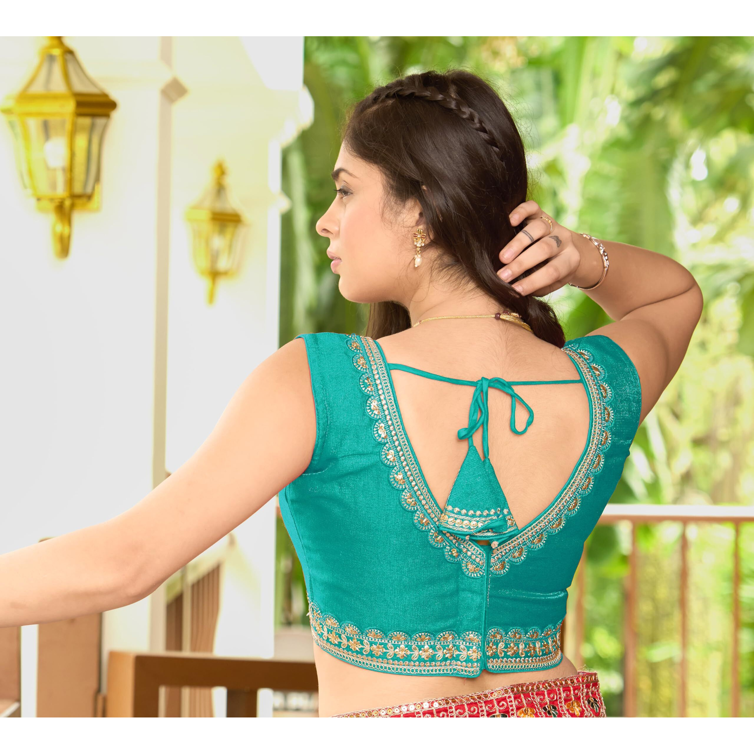 Pujia Mills Women's Sequin Embroidered V Neck Sleeveless Heavy Milan Silk Saree Blouse Indian Ethnic Designer Stitched Readymade Sequence Saree Blouse Sleeveless Rama Blouse 38