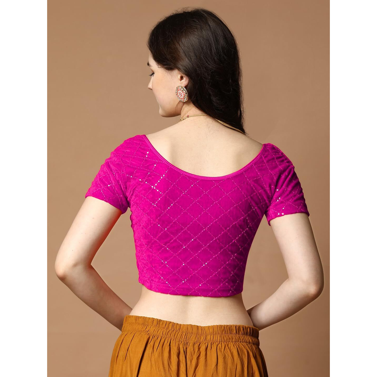 Pujia Mills Women's Velvet Stretchable Blouse (Velvet Chokdi_Rani_Free Size)