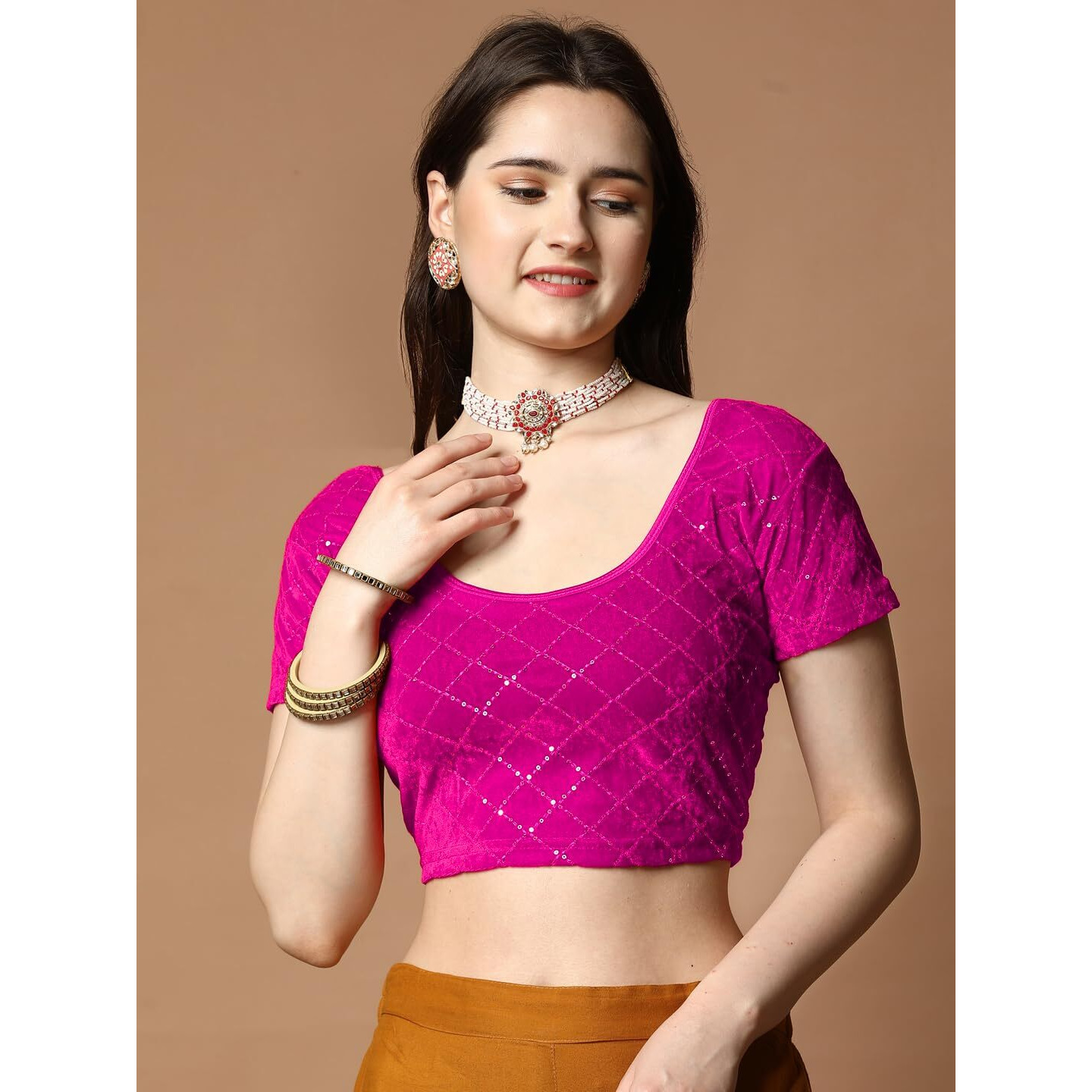 Pujia Mills Women's Velvet Stretchable Blouse (Velvet Chokdi_Rani_Free Size)