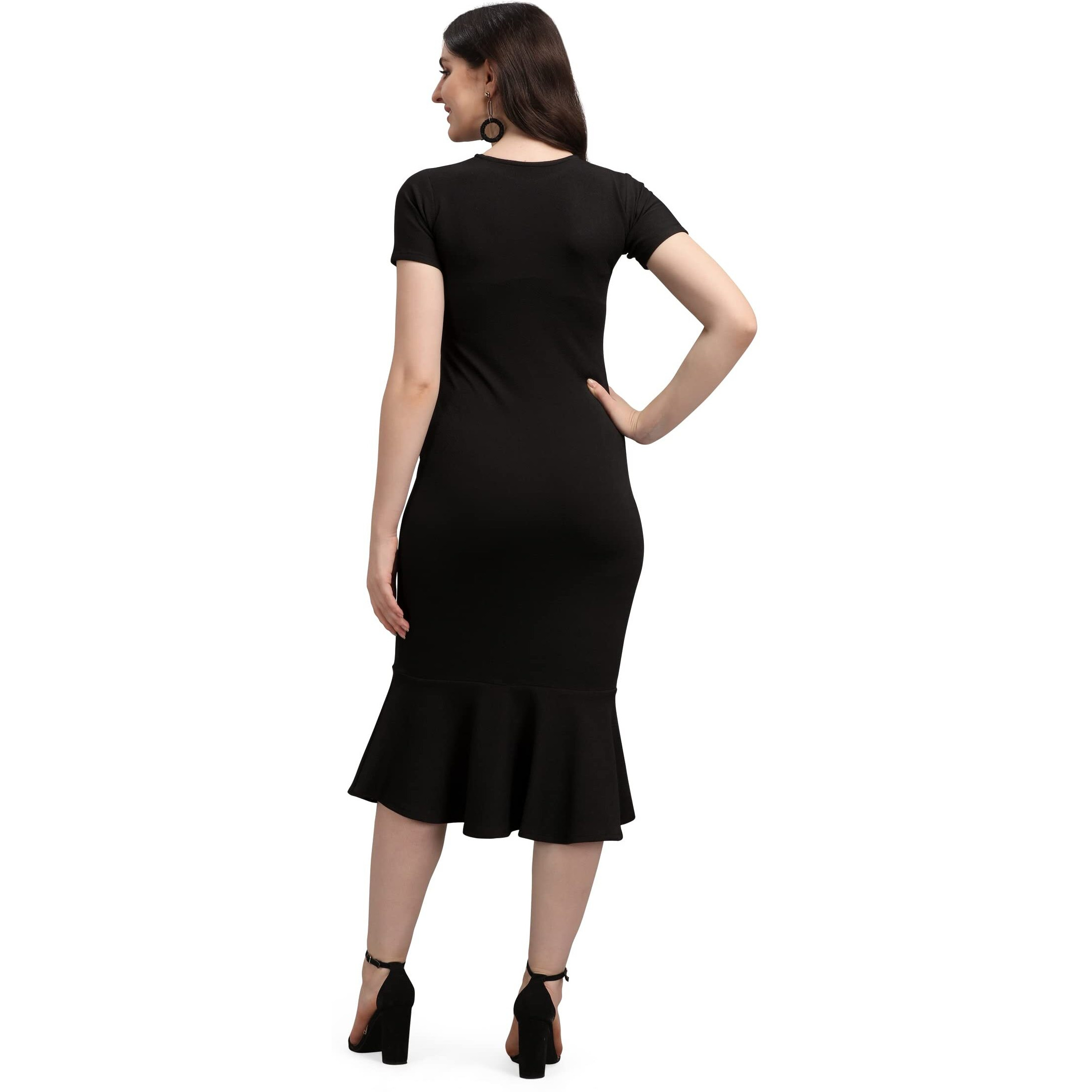 Purvaja Women's Corduroy Bodycon Midi Dress (Ruby-003-Bl-M_Black