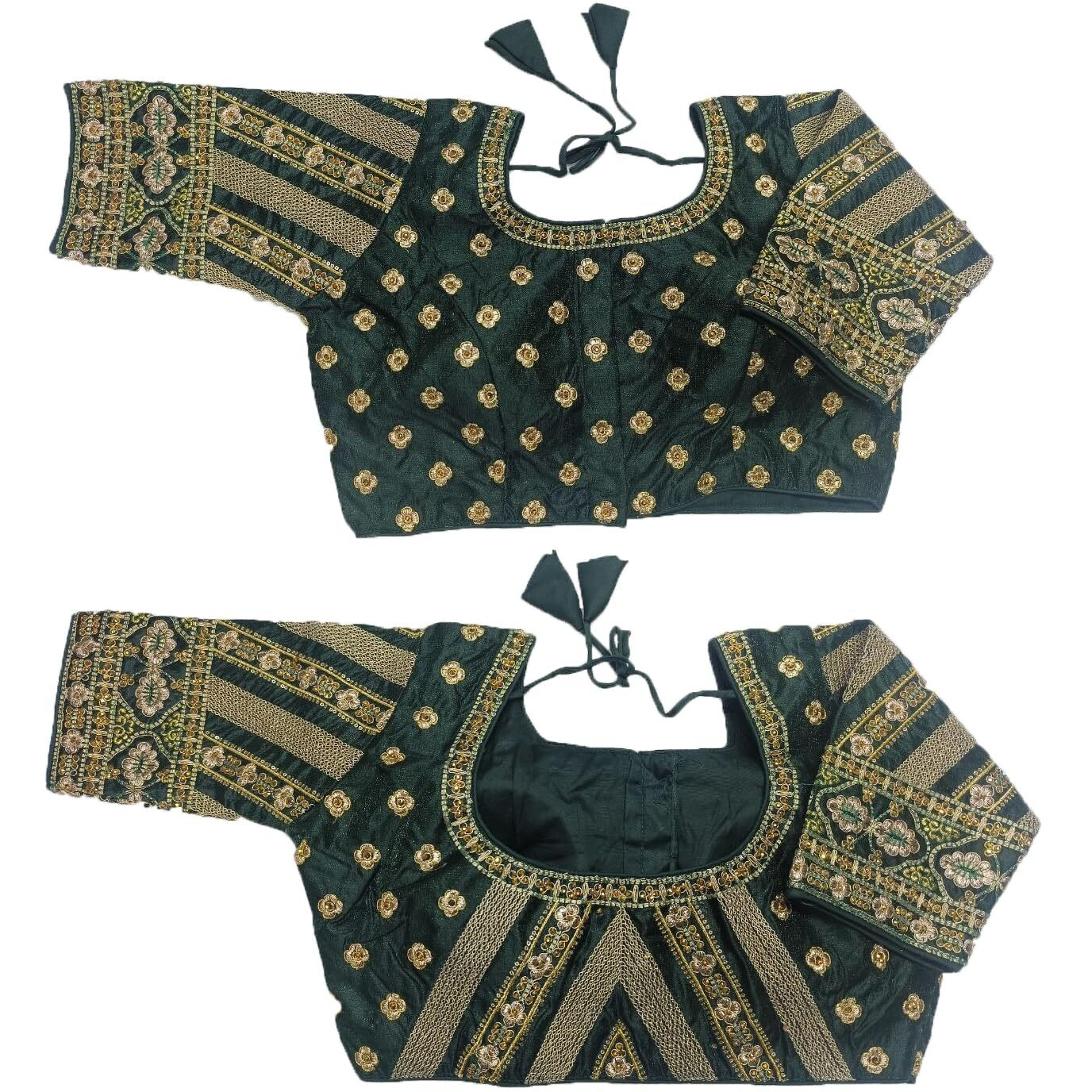 Pujia Mills Women's Indian Ethnic Wear Stitched Designer Golden Codding With Zari Embroidered Work Round Neck Half Sleeve Readymade Padded Saree Blouse Green Readymade Work Blouse