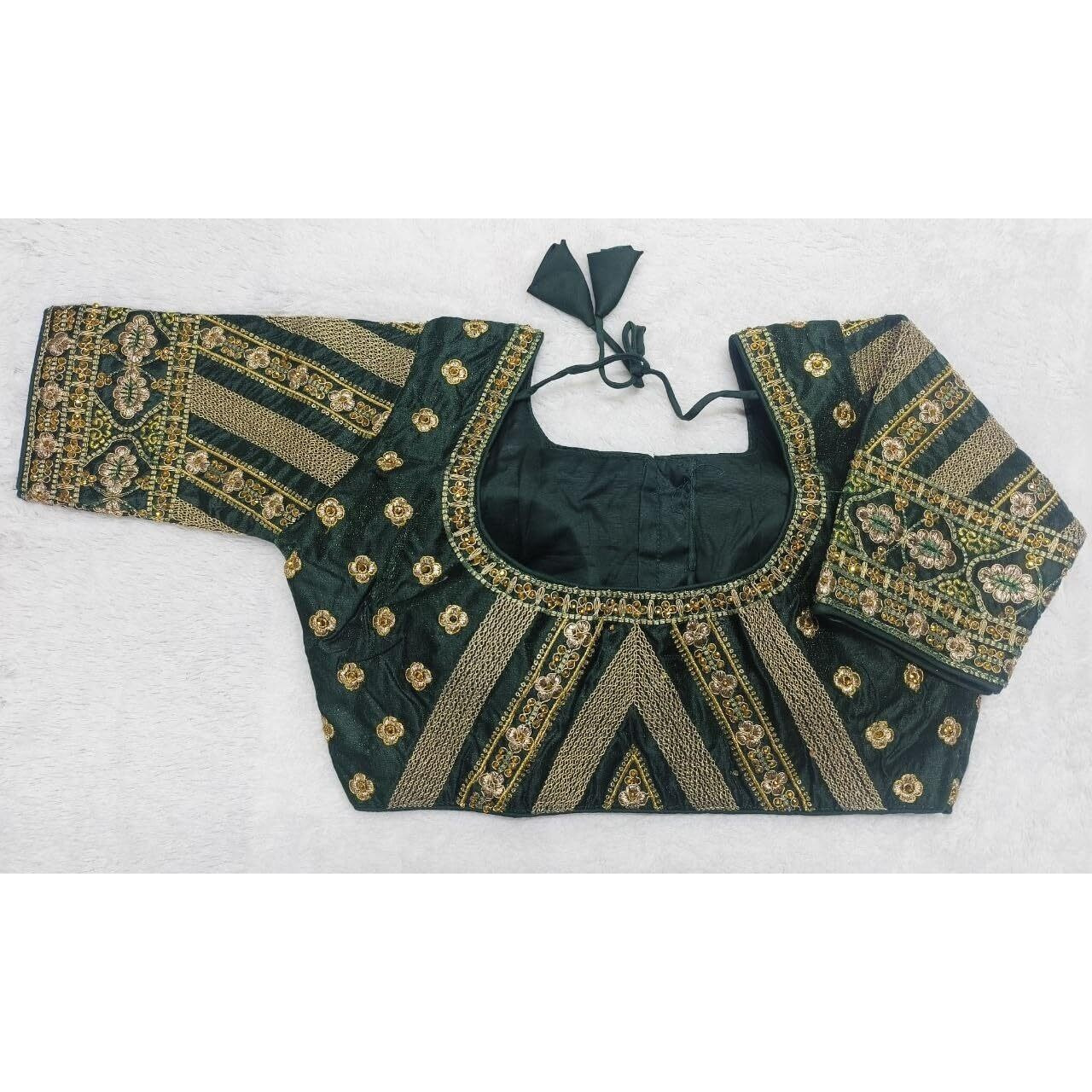 Pujia Mills Women's Indian Ethnic Wear Stitched Designer Golden Codding With Zari Embroidered Work Round Neck Half Sleeve Readymade Padded Saree Blouse Green Readymade Work Blouse