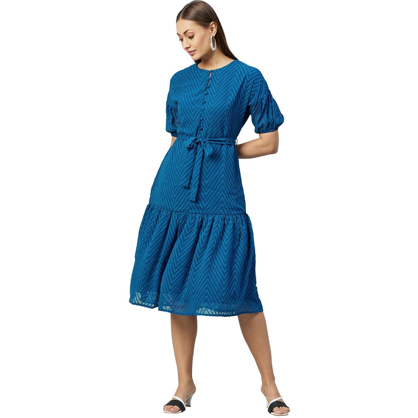 Rare Women's Georgette Fit And Flare Midi Casual Dress (Ep31080_Teal_Medium)
