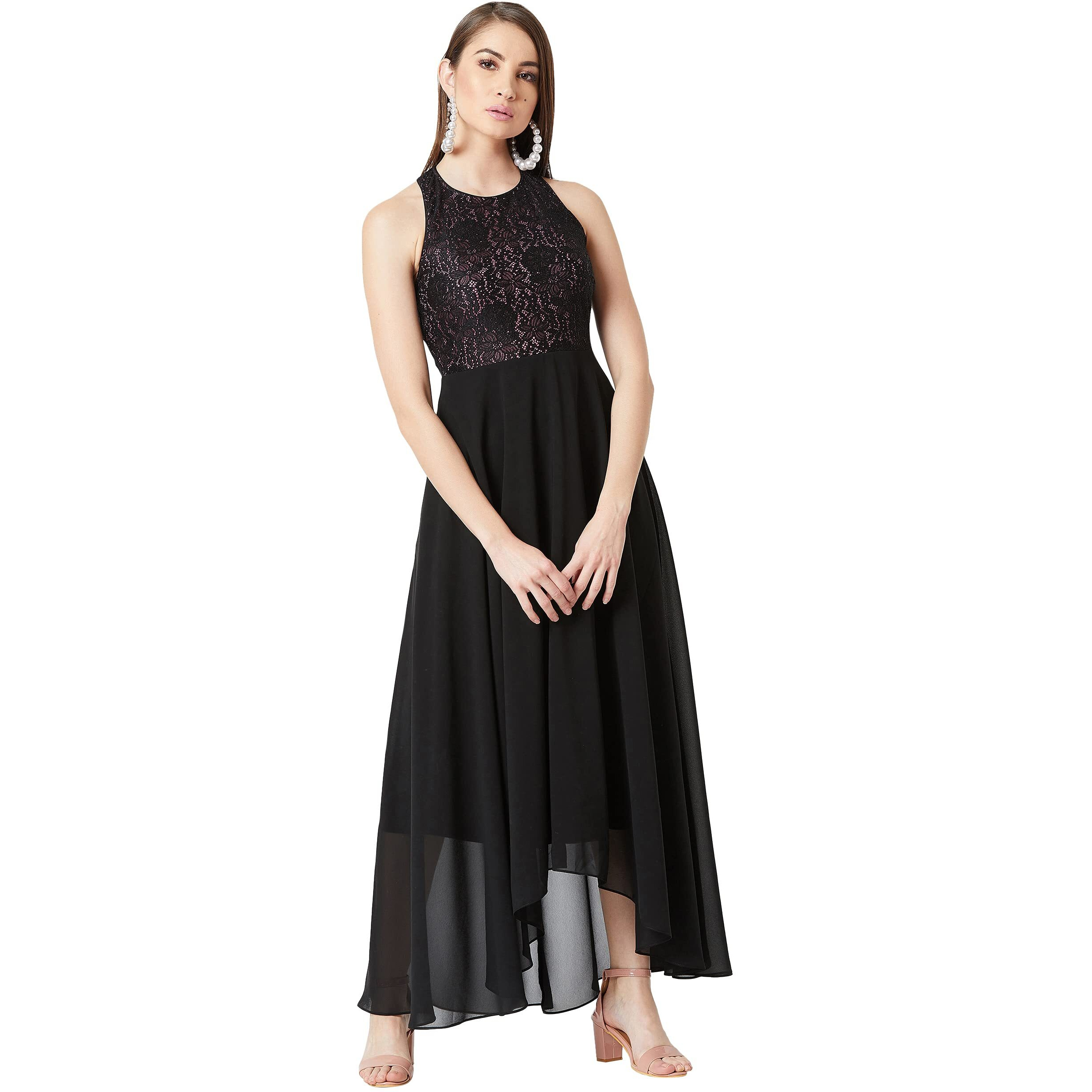 Miss Chase Women's Lavender And Black Halter Neck Sleeveless Floral Lace Maxi Dress(Mcss20D06-09-220-02_Multicolor_Xs)