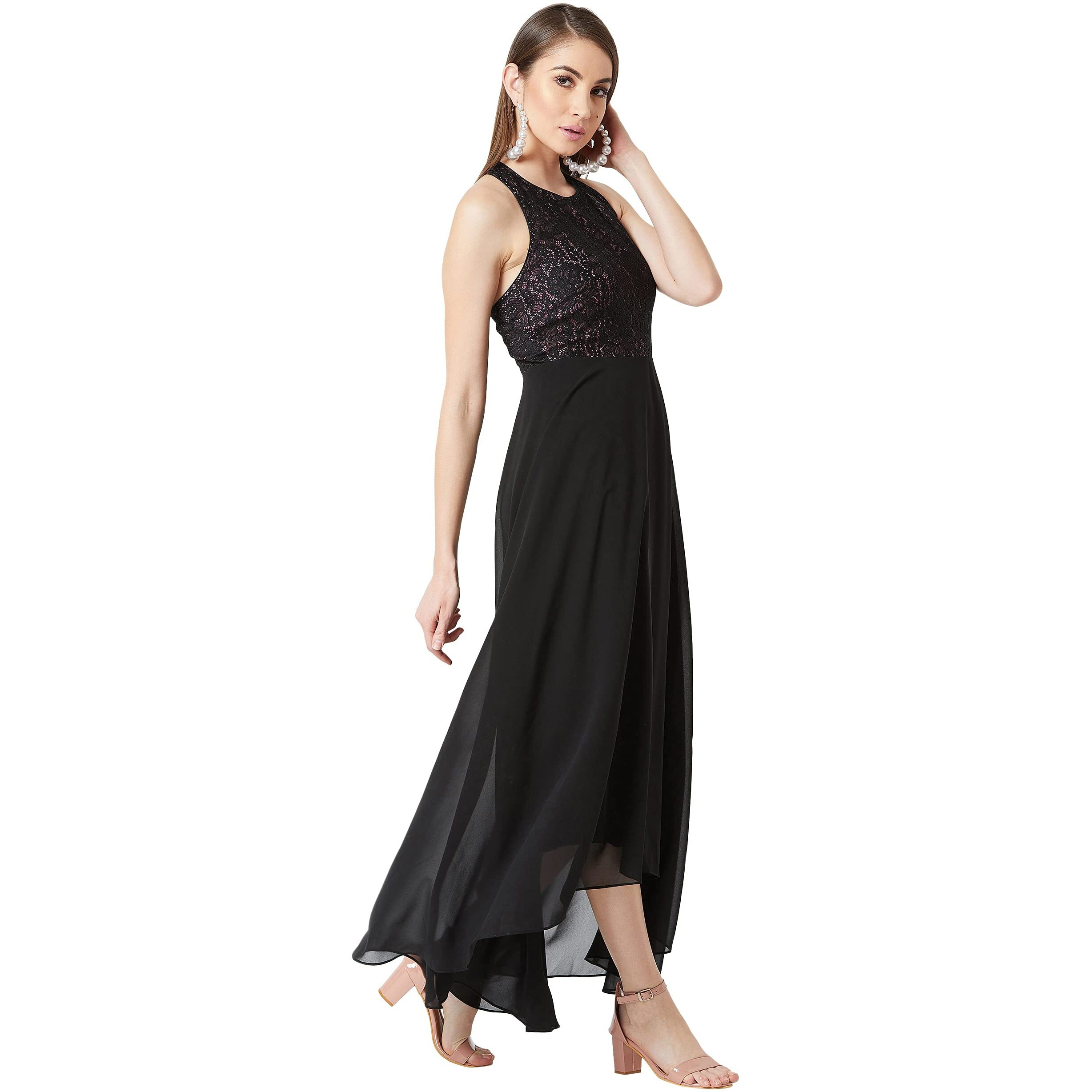 Miss Chase Women's Lavender And Black Halter Neck Sleeveless Floral Lace Maxi Dress(Mcss20D06-09-220-02_Multicolor_Xs)