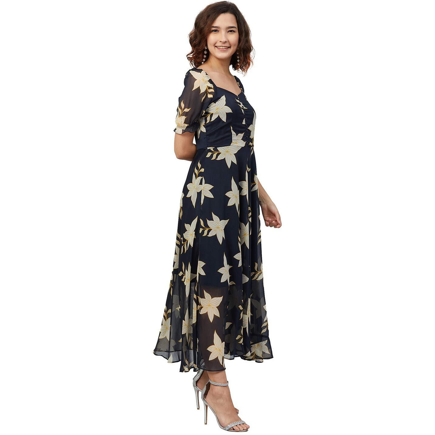 Rare Women's Chiffon Fit And Flare Maxi Casual Dress (Ep6218_Navy Blue_Large)