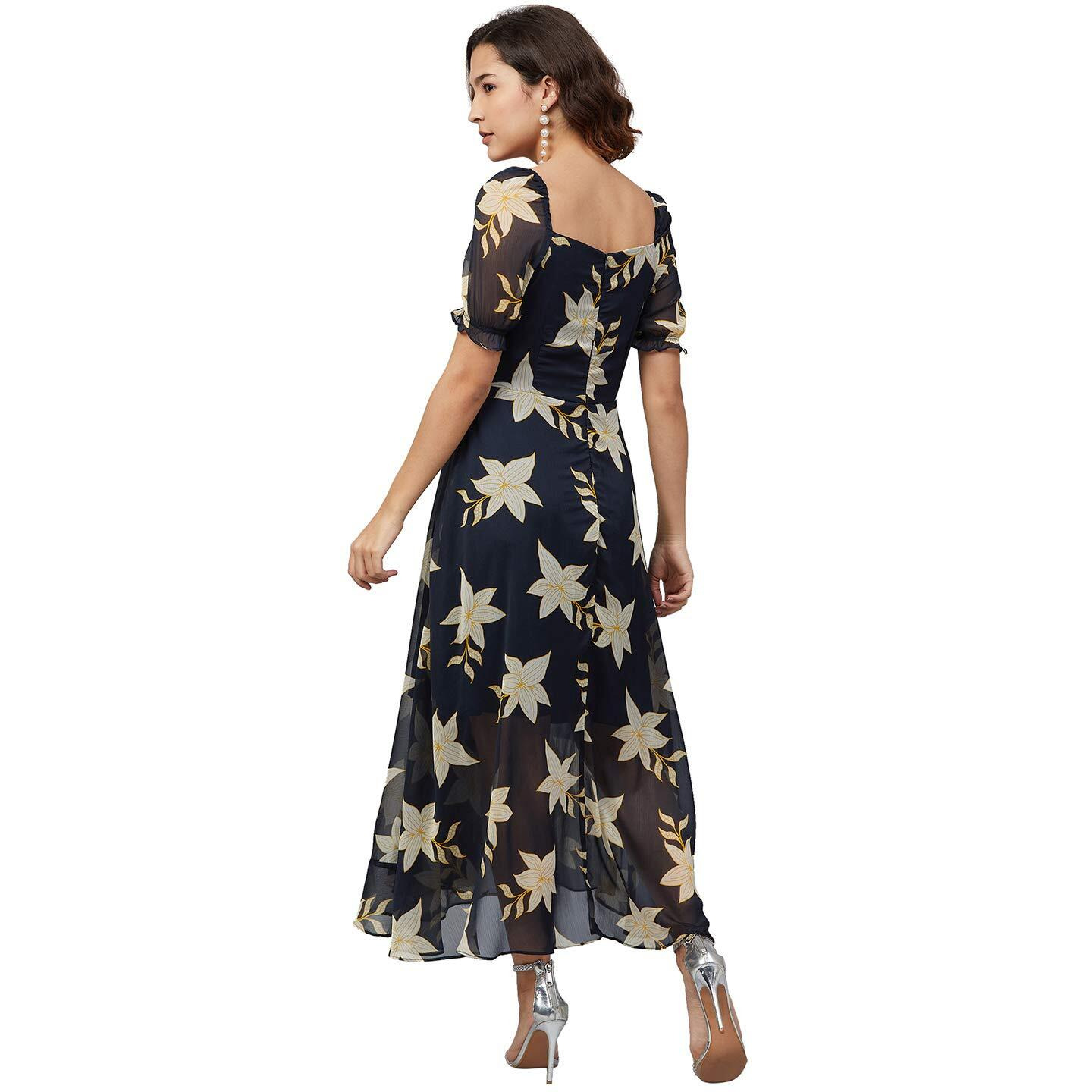 Rare Women's Chiffon Fit And Flare Maxi Casual Dress (Ep6218_Navy Blue_Large)