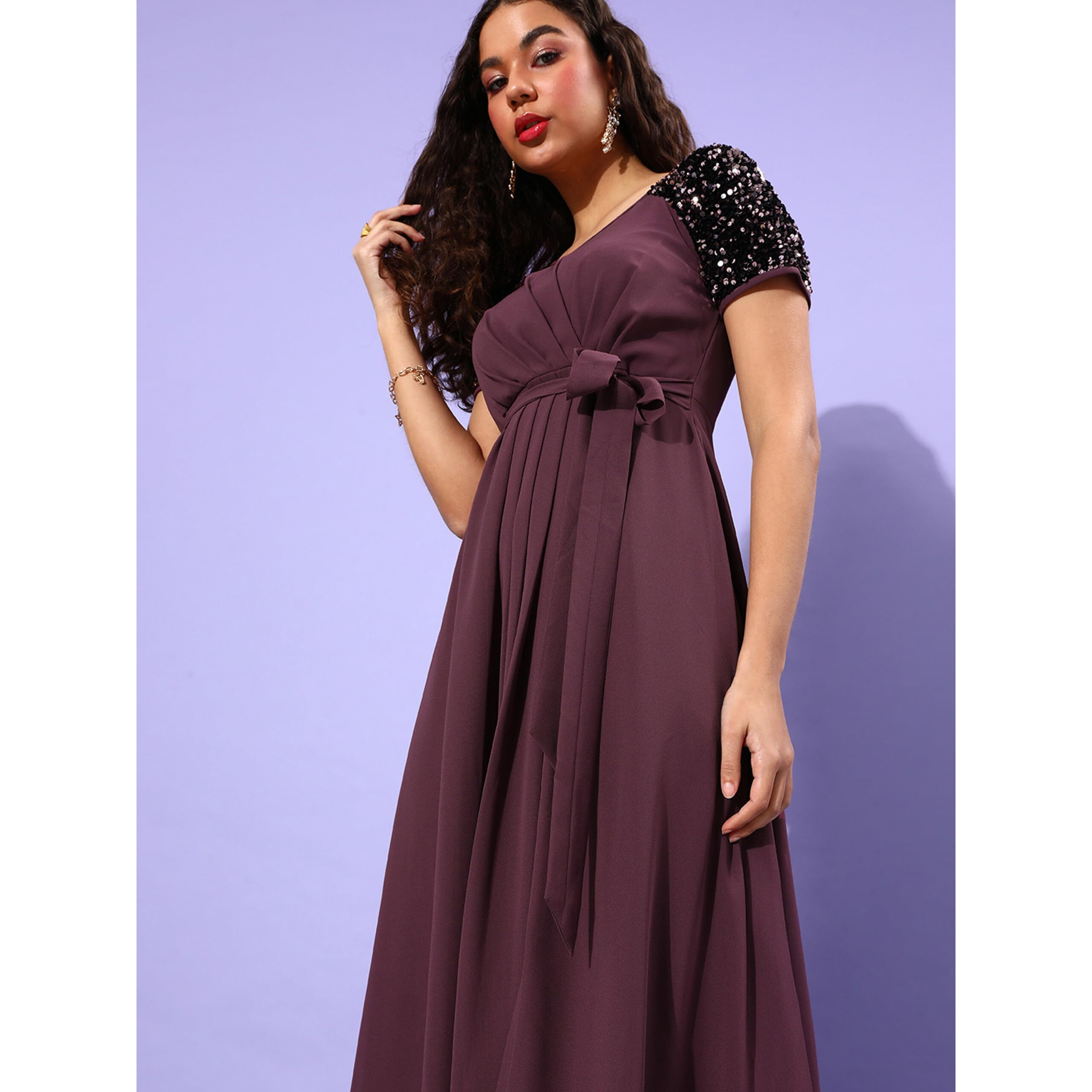 Miss Chase Women's Relaxed Fit V-Neck Half Sleeve Maxi Georgette Dress (Mcaw22D99-80-271-05, Mauve, L)