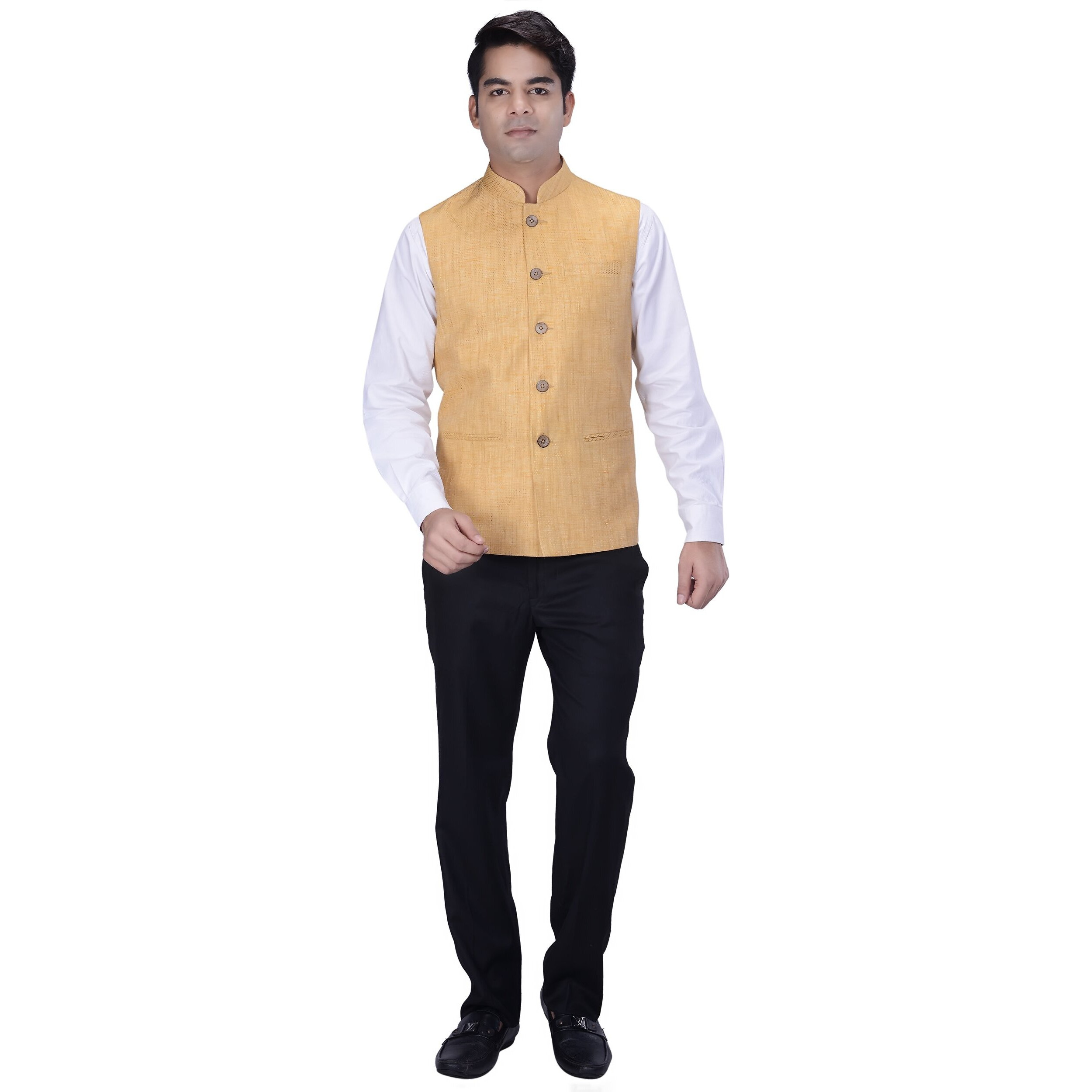 Kisah Men's Woven Cotton Silk Yellow Nehru Jacket