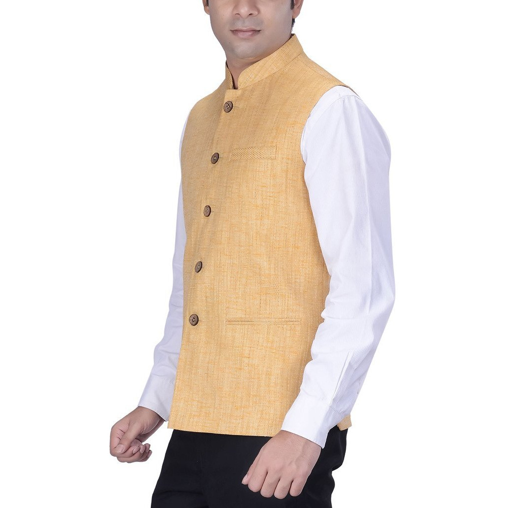 Kisah Men's Woven Cotton Silk Yellow Nehru Jacket