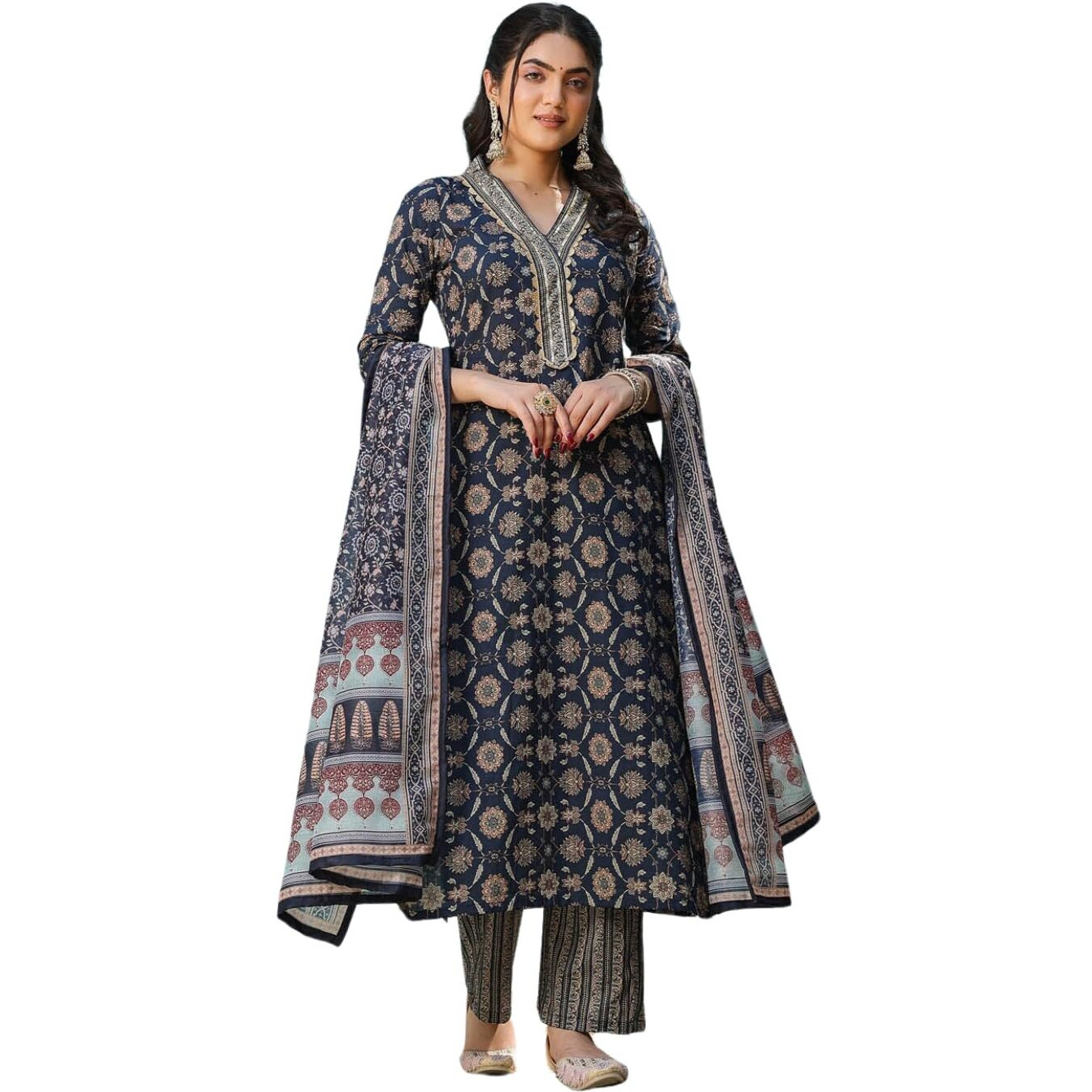 Nainvish Women's Viscose Rayon Printed Straight V-Neck Kurta Pant With Dupatta (Sd714_Kbd-M_Blue)