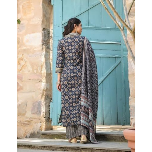 Nainvish Women's Viscose Rayon Printed Straight V-Neck Kurta Pant With Dupatta (Sd714_Kbd-M_Blue)