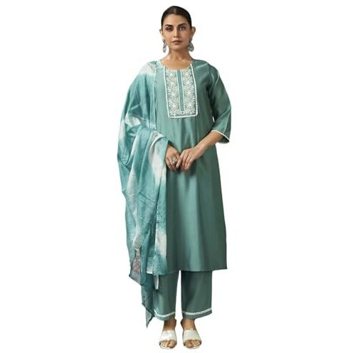Sanisa Women's Viscose Chanderi Embroidery Work Straight Kurta With Pant And Dupatta Set (213Kbd2255N-Xl_Mint Green)