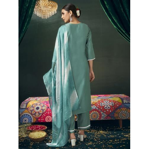 Sanisa Women's Viscose Chanderi Embroidery Work Straight Kurta With Pant And Dupatta Set (213Kbd2255N-Xl_Mint Green)