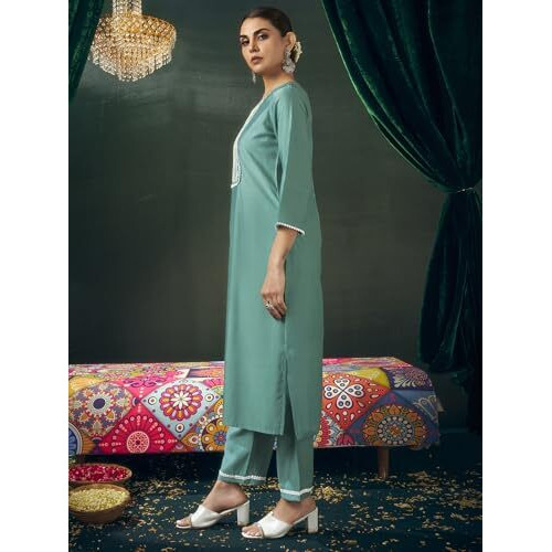 Sanisa Women's Viscose Chanderi Embroidery Work Straight Kurta With Pant And Dupatta Set (213Kbd2255N-Xl_Mint Green)