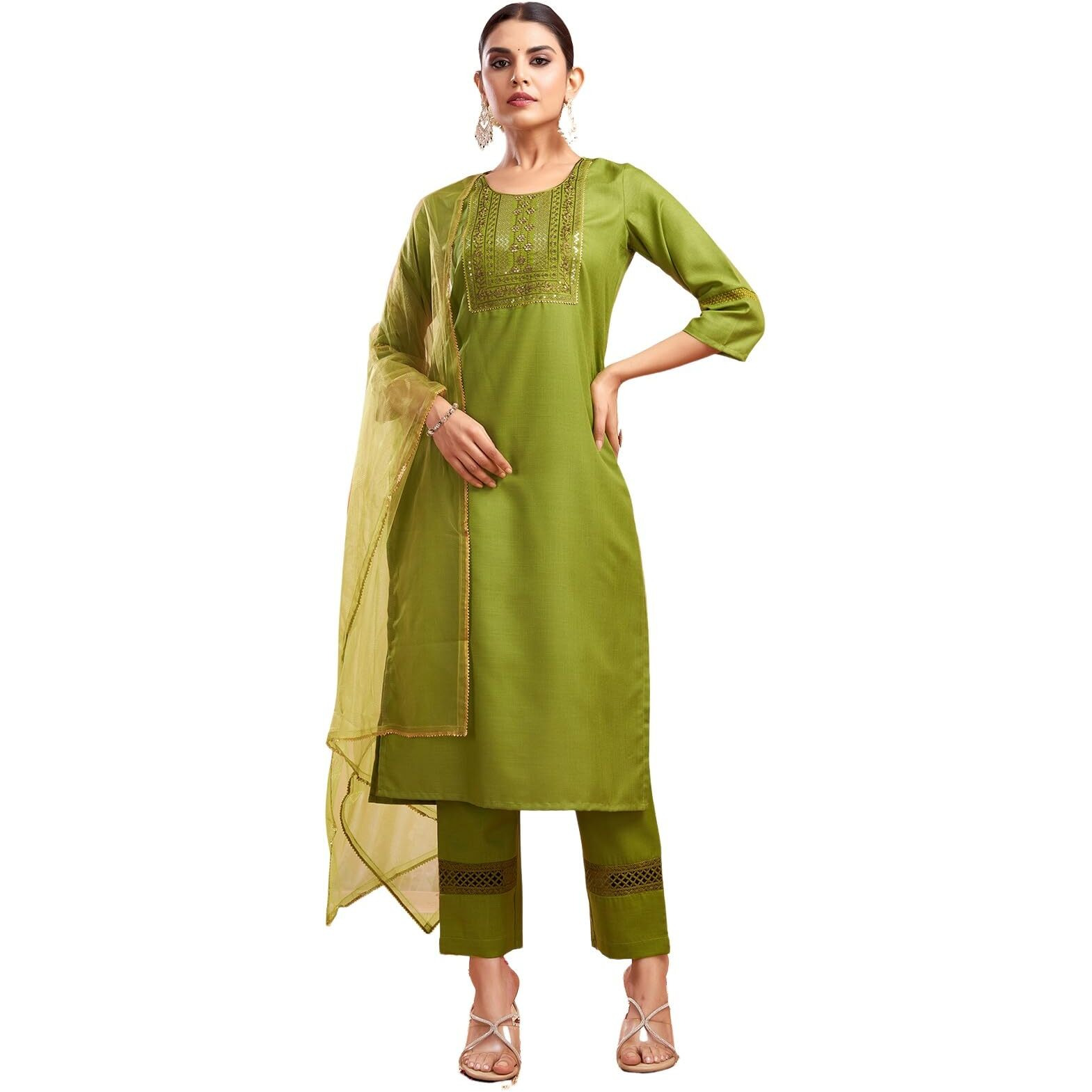Sanisa Women's Cotton Blend Sequence Embroidery Work Straight Kurta With Pant And Lace Work Dupatta (80Kbd895Nz-L_Parrot Green)